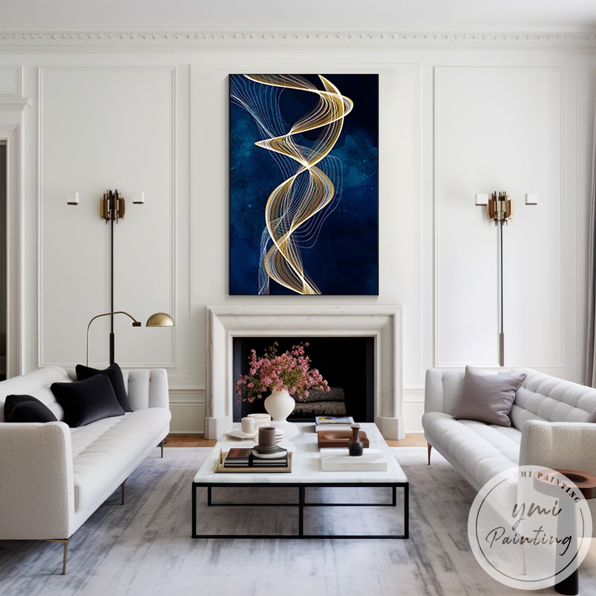 Large luxury framed wall art with dynamic ribbon composition
