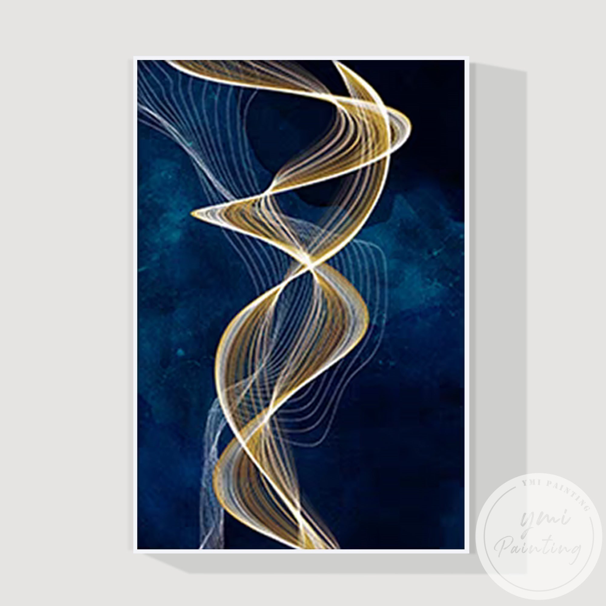 Navy blue and gold ribbon canvas painting luxury framed wall art
