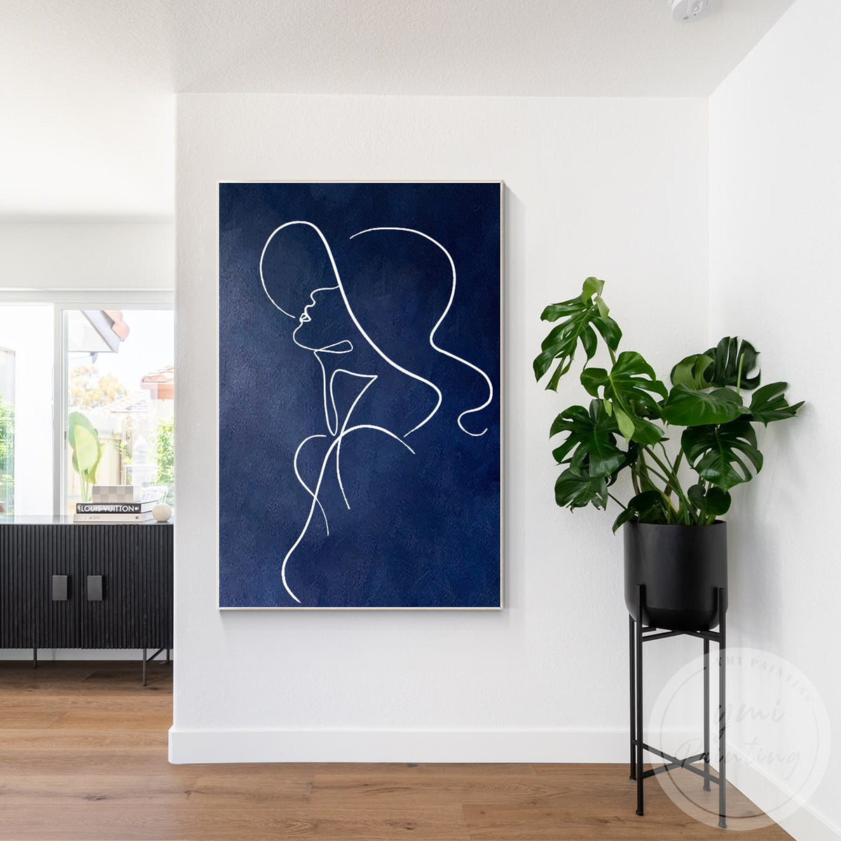 Navy blue woman line art canvas for bedroom or hallway decor
