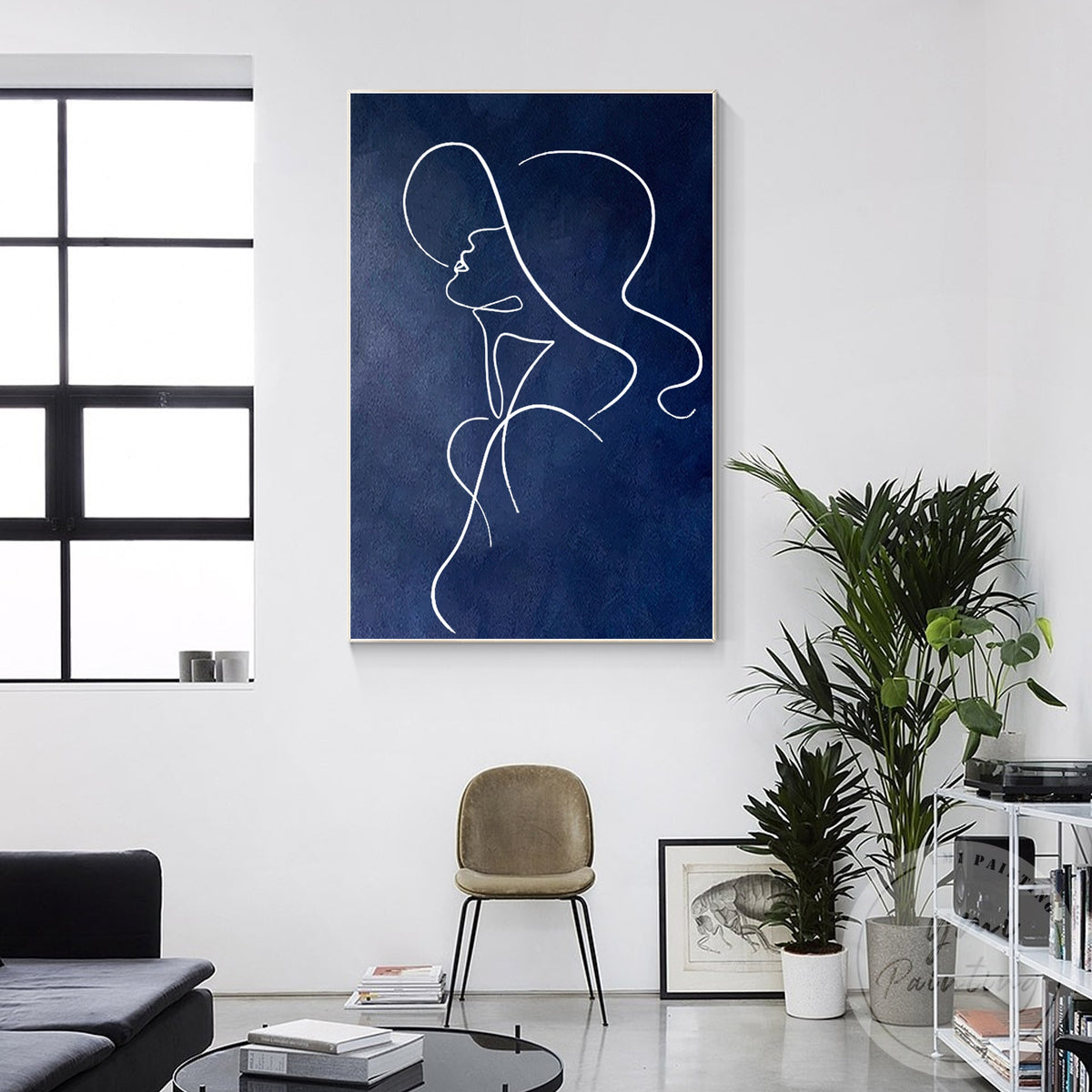 Elegant one-line female drawing in navy blue on canvas
