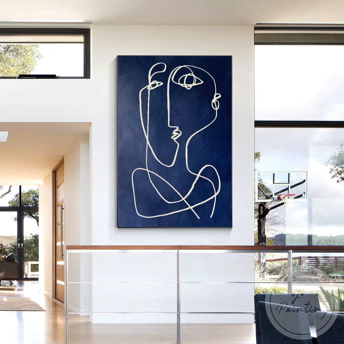 Modern abstract line painting in navy blue and neutral tones
