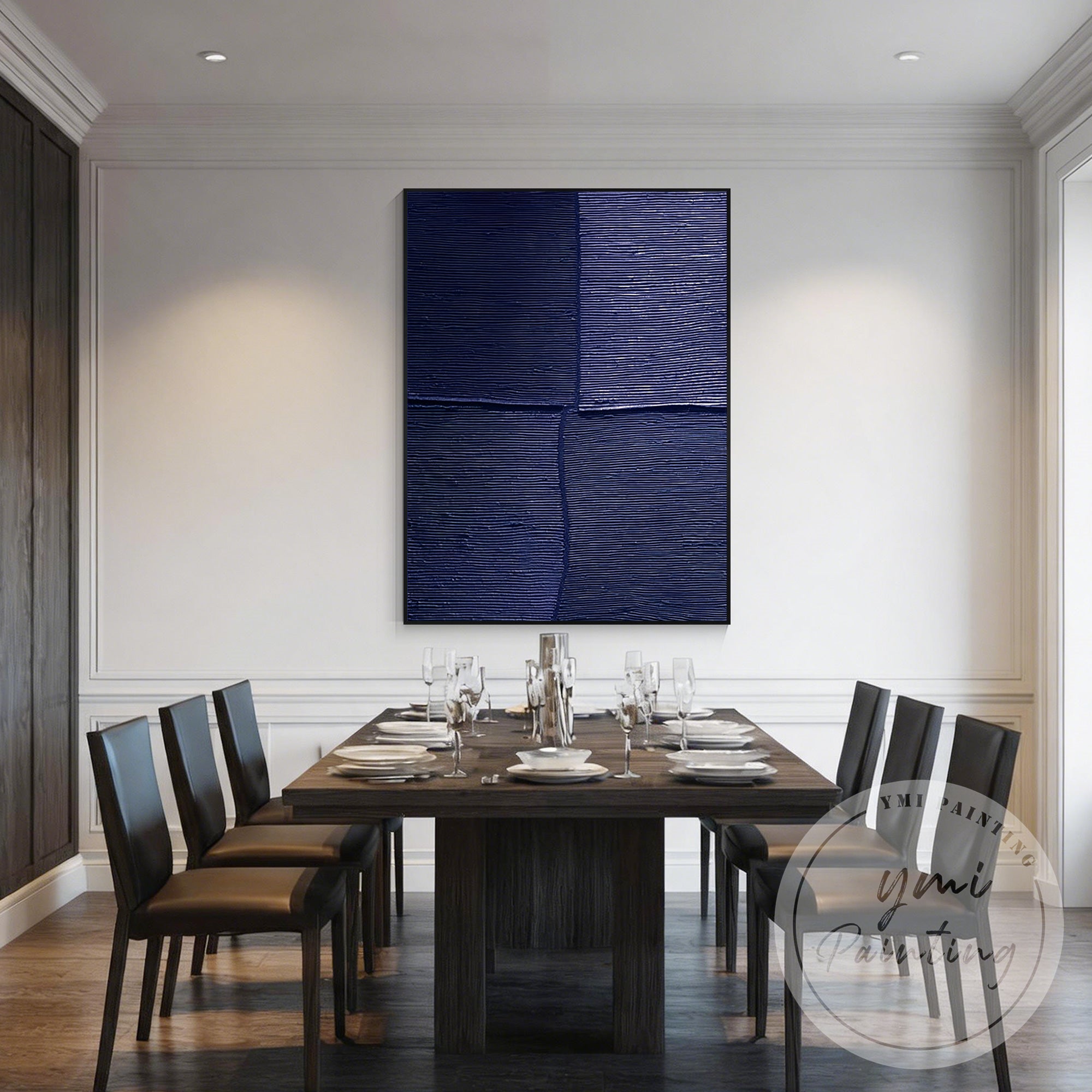 Contemporary textured navy blue painting close-up detail