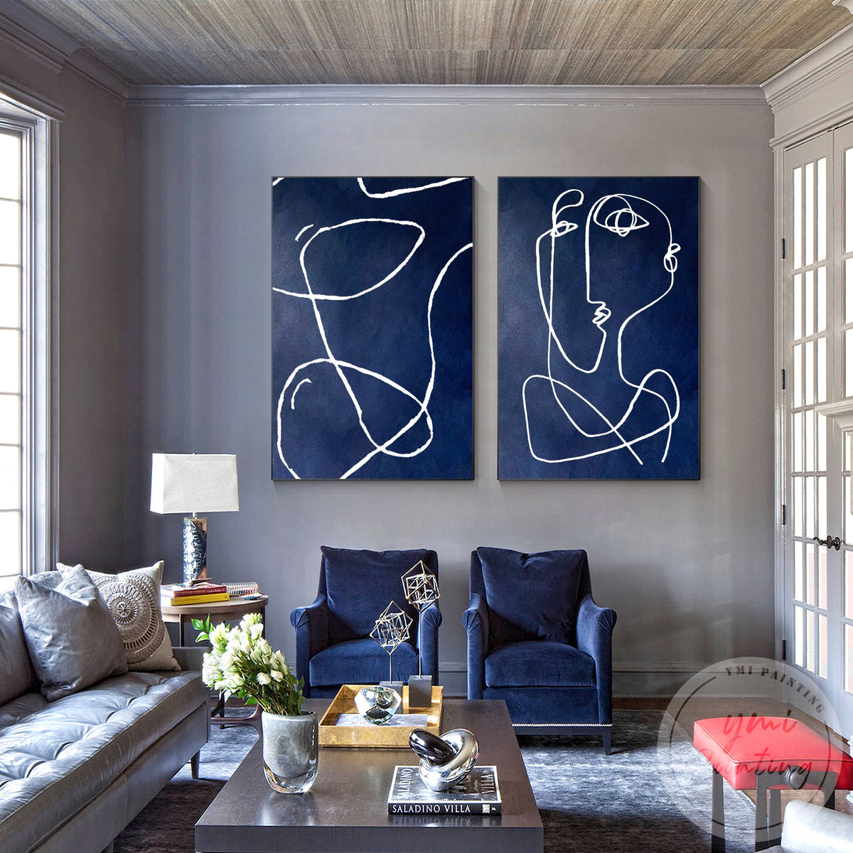 Original blue and white abstract artwork for modern interiors