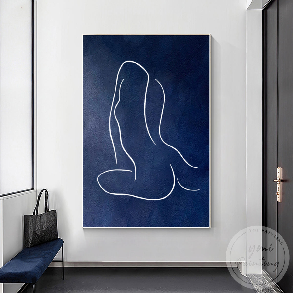 Minimalist navy blue female figure artwork for modern interiors
