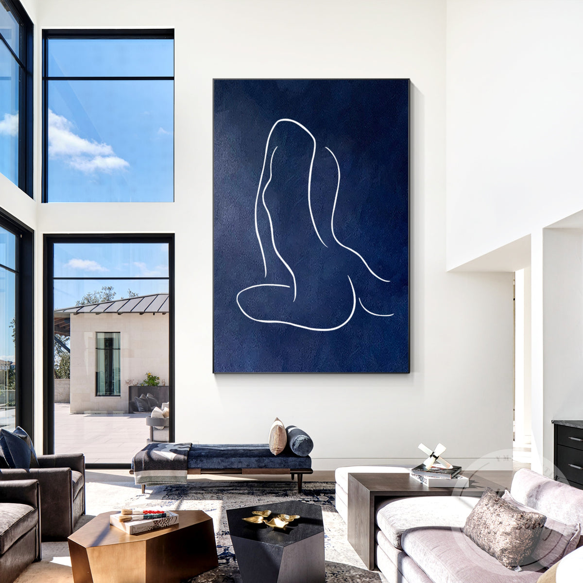 Navy blue feminine art for living room wall decoration
