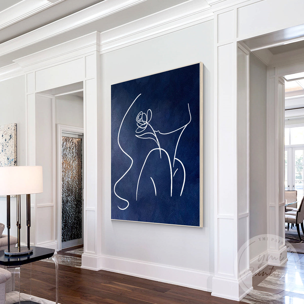 Navy blue female line art canvas wall art for the living room
