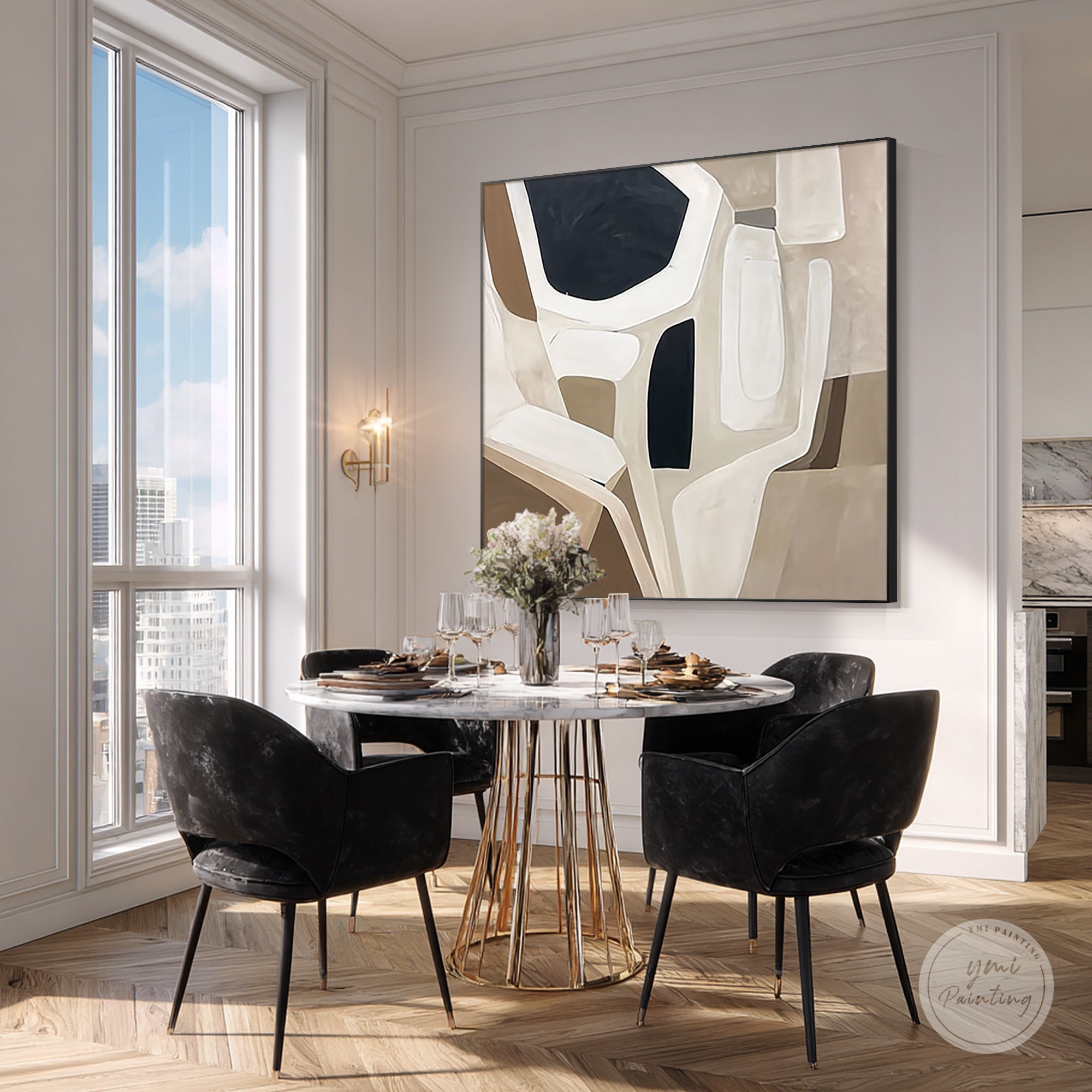 Contemporary geometric wall art in minimalist apartment living room space