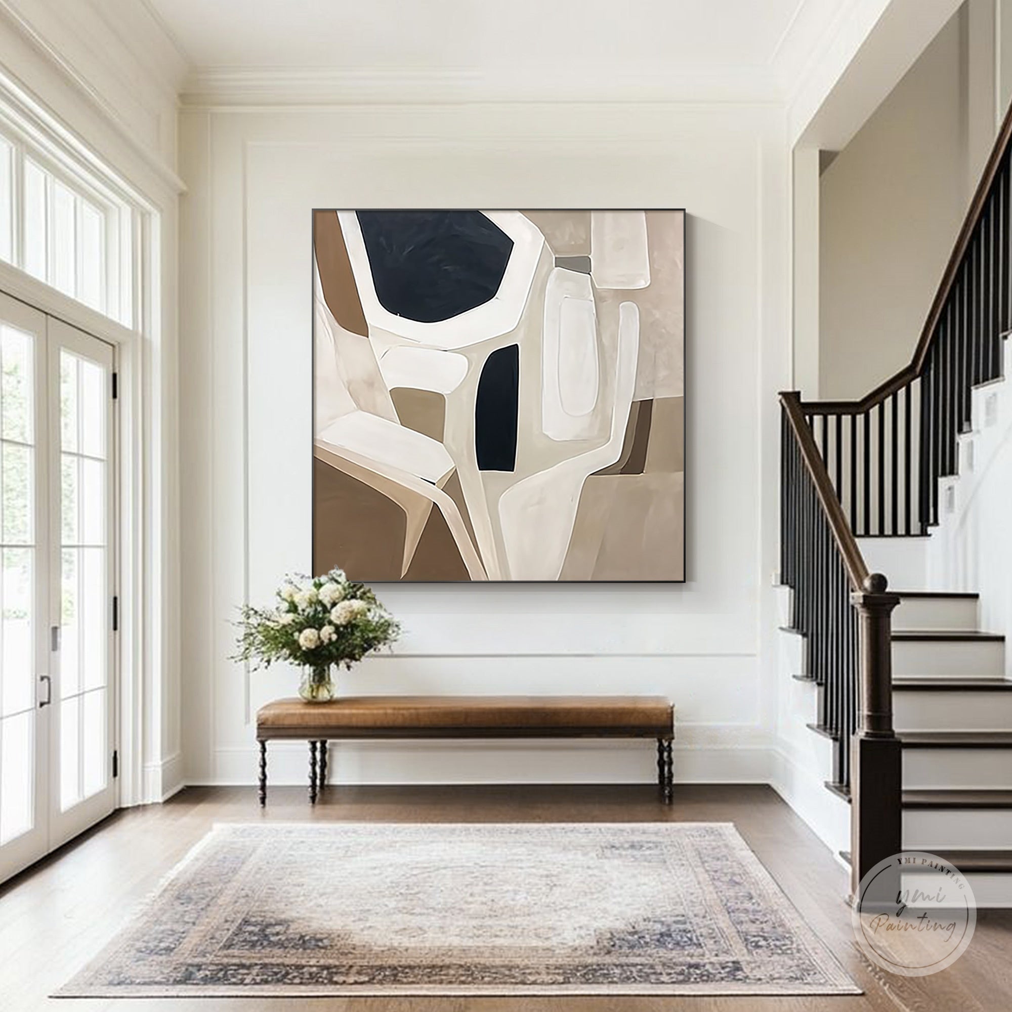 Neutral abstract canvas art in Japandi style cozy living room interior design