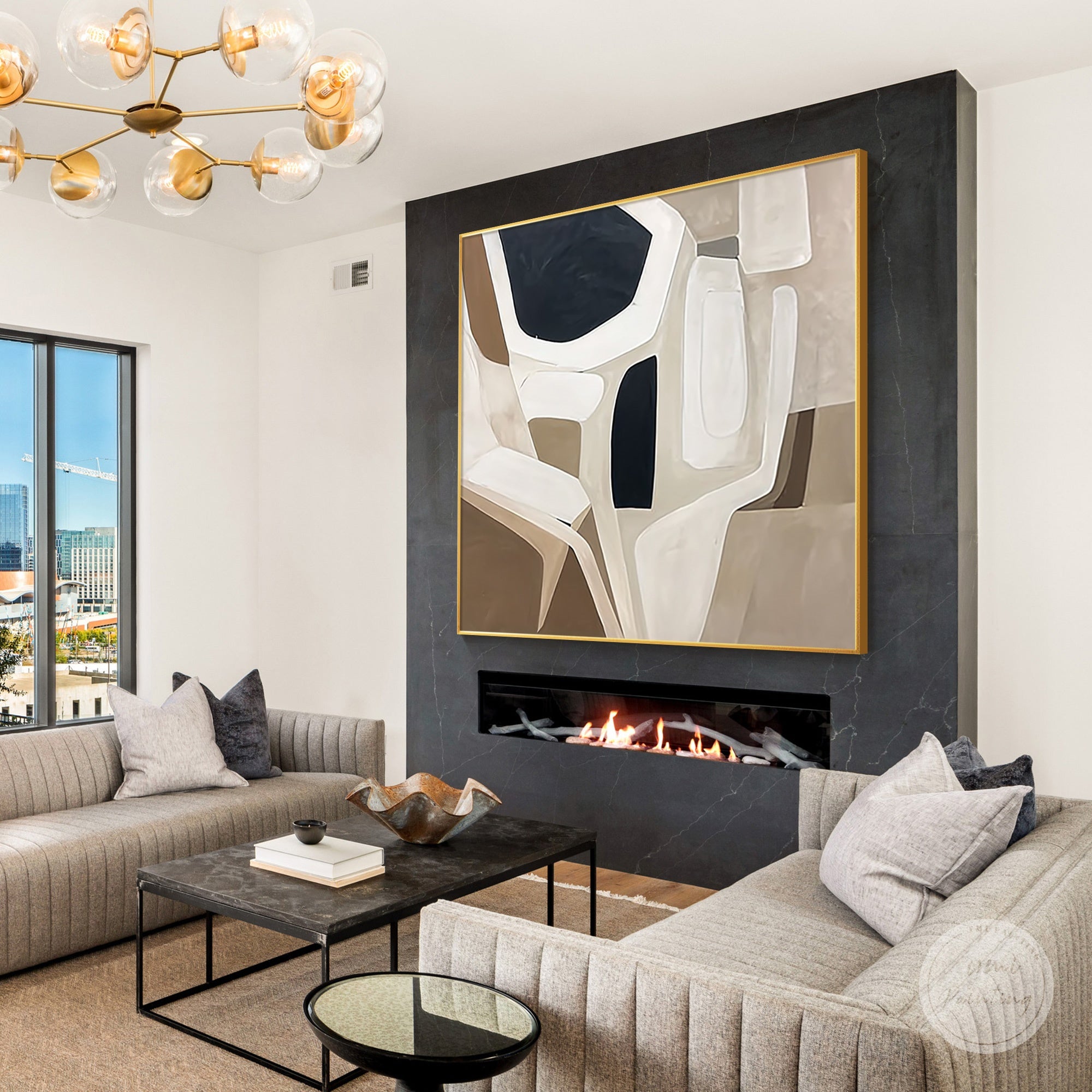 Geometric abstract canvas art in airy Scandinavian dining room interior