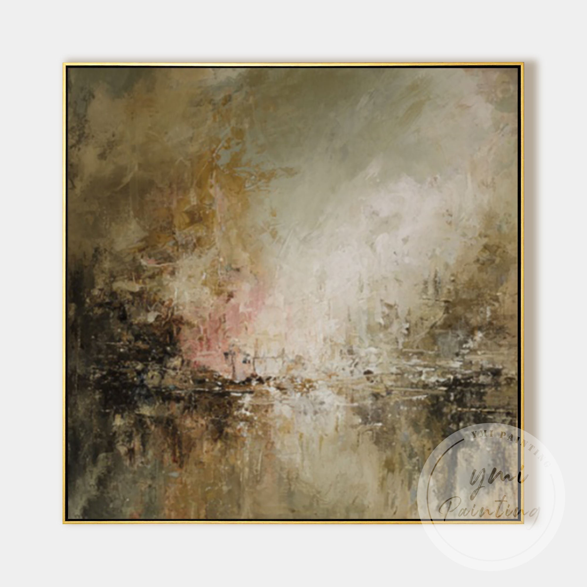 Large abstract landscape painting in beige and brown tones