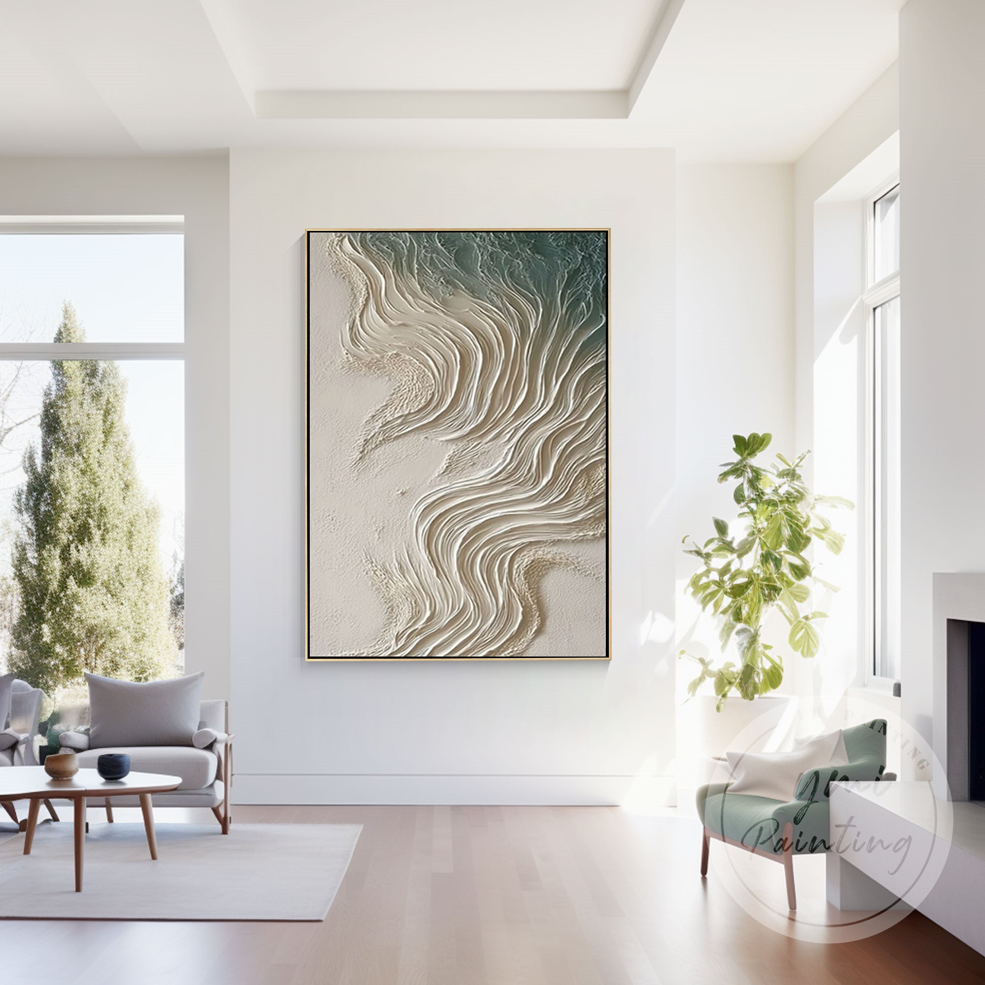 Beige ocean inspired canvas artwork close-up detail
