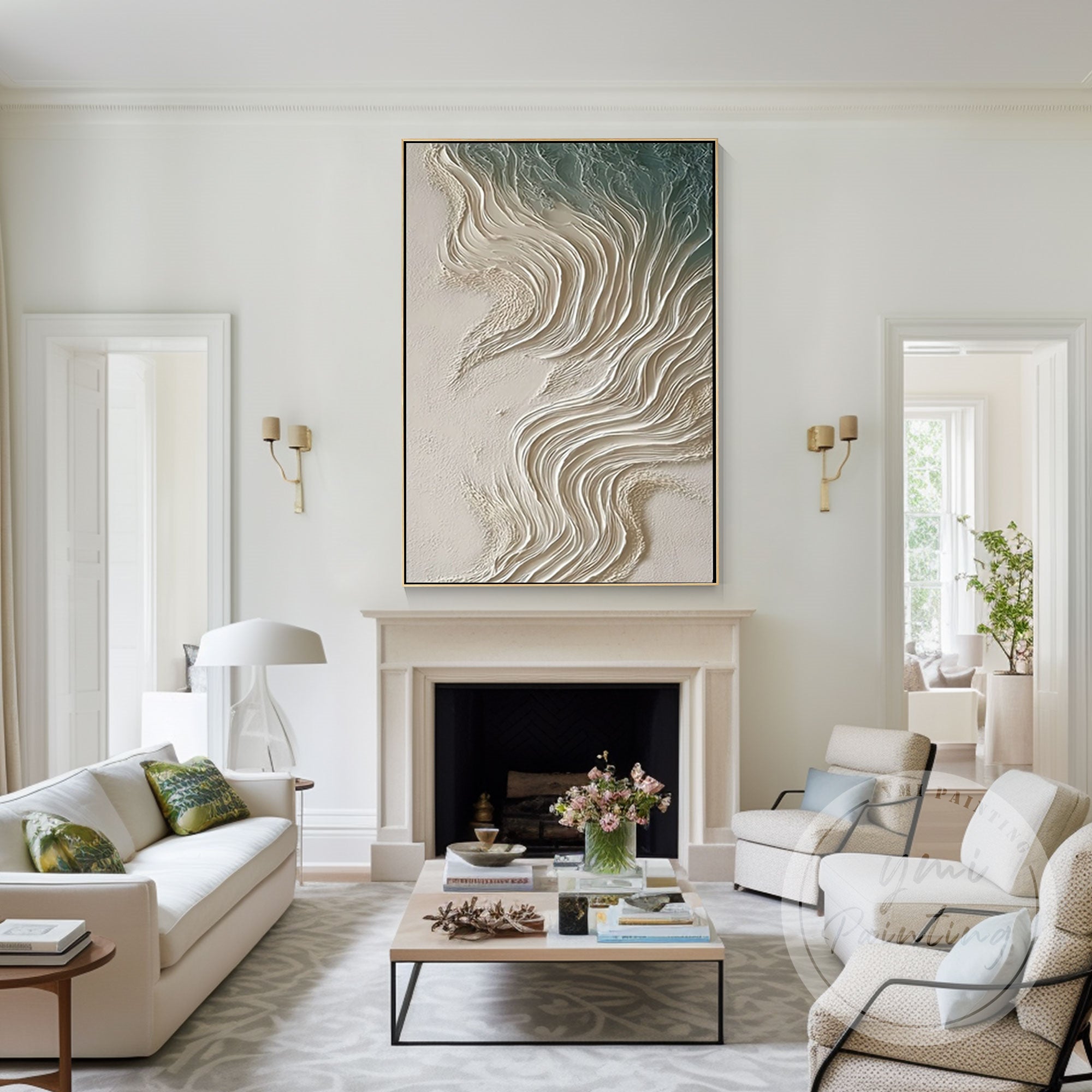 Large abstract ocean canvas in soft beige and sand tones