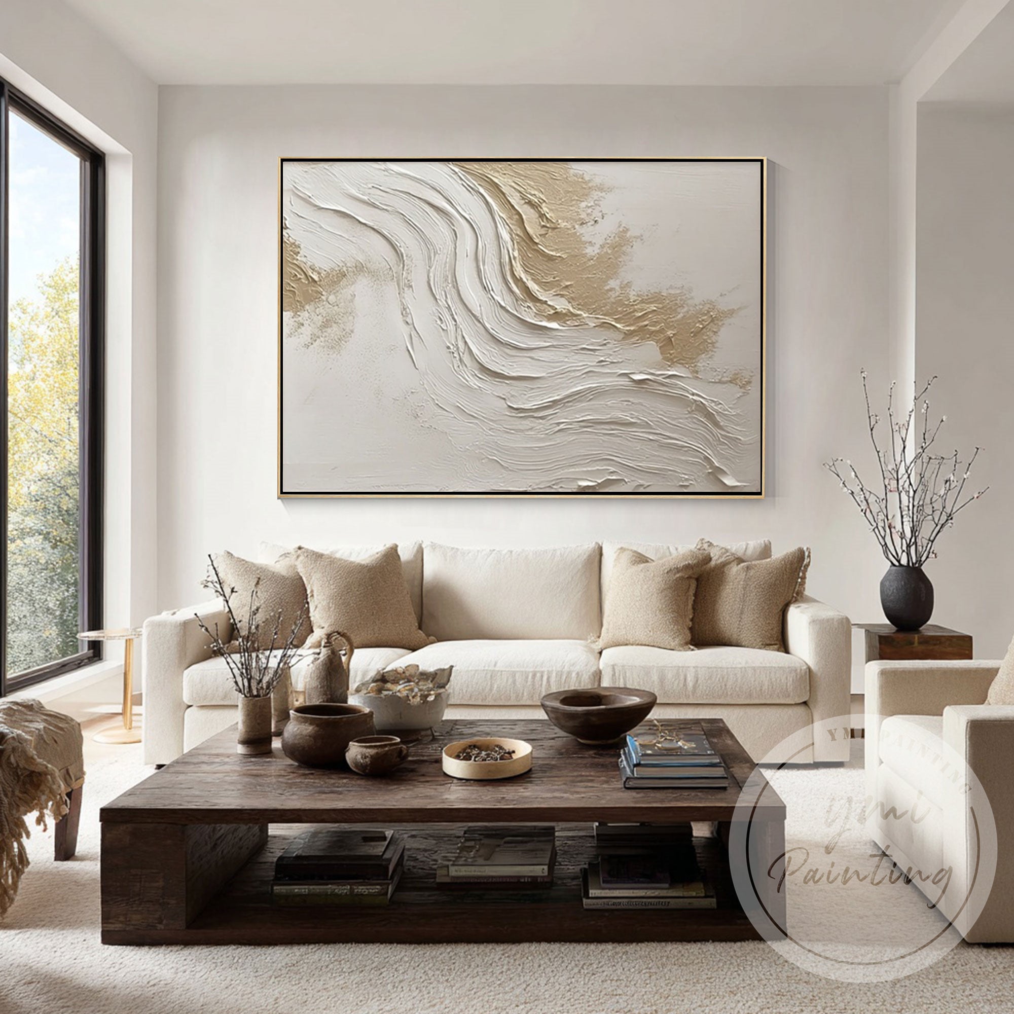Large organic canvas painting for modern bedroom decor
