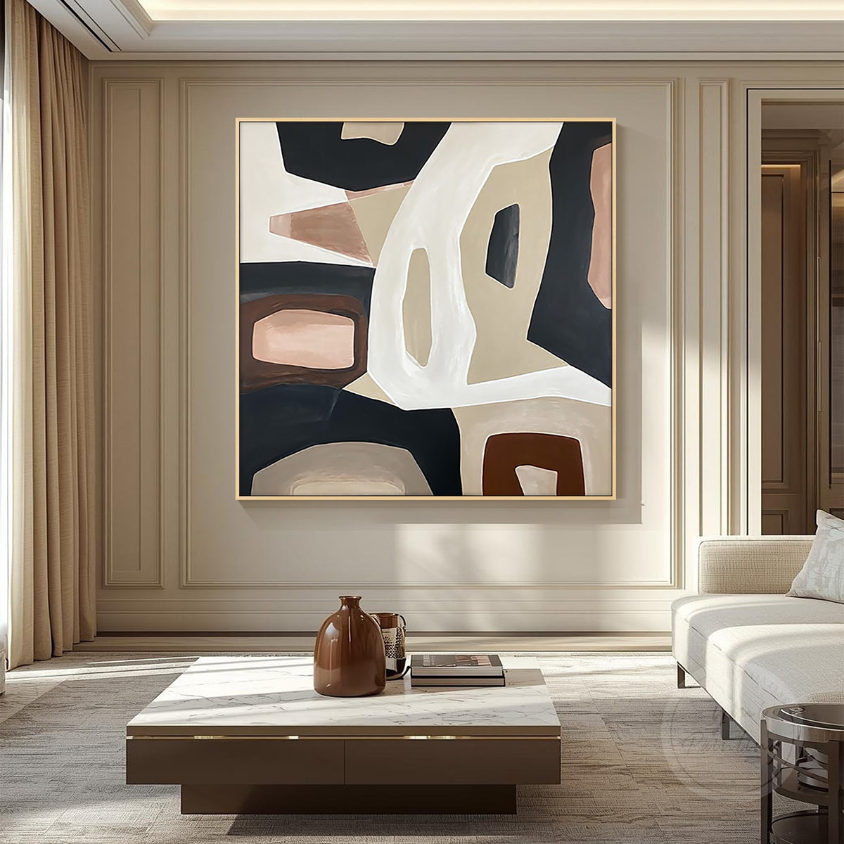 Neutral geometric abstract canvas, side angle