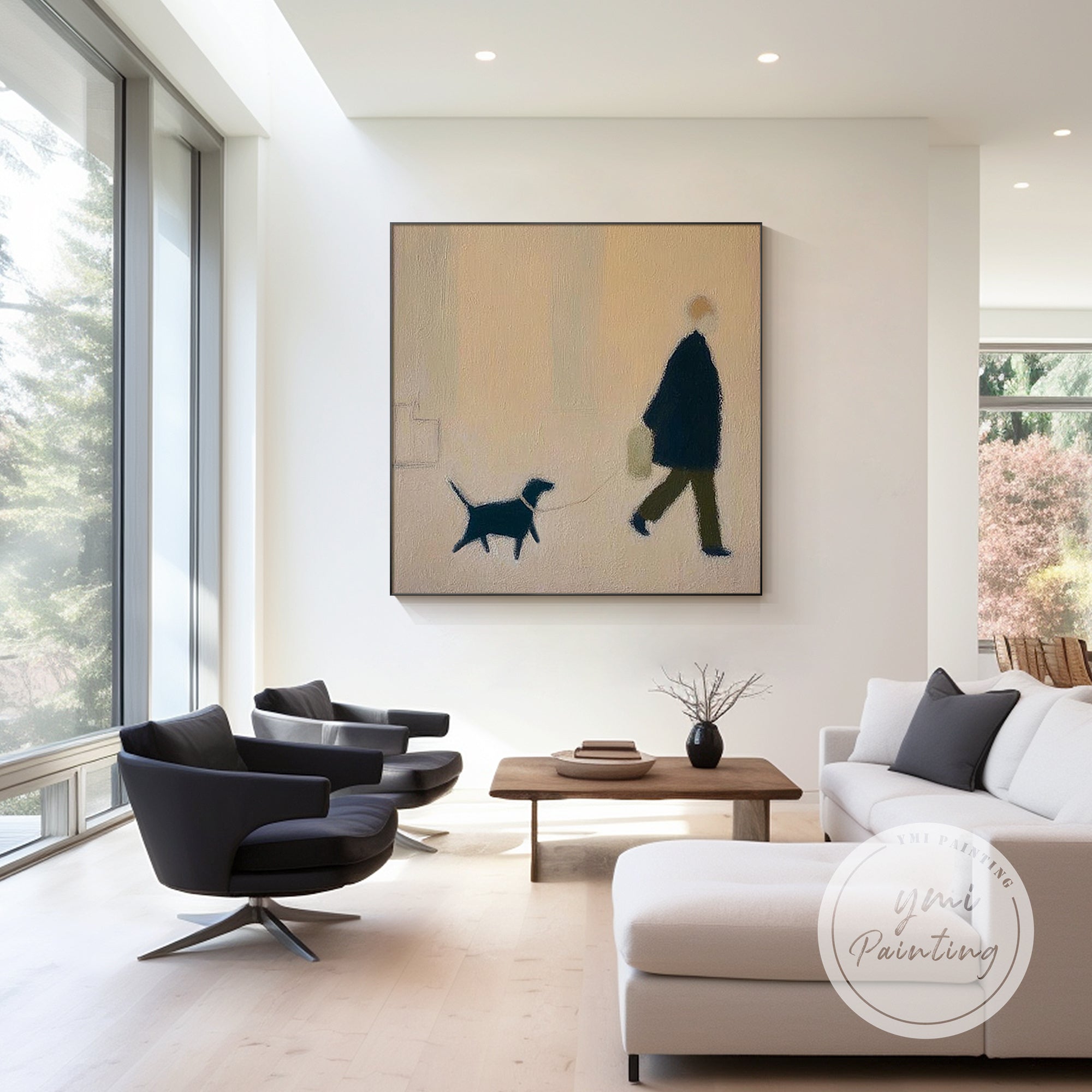 Modern minimalist figure walking dog wall art in soft neutral tones
