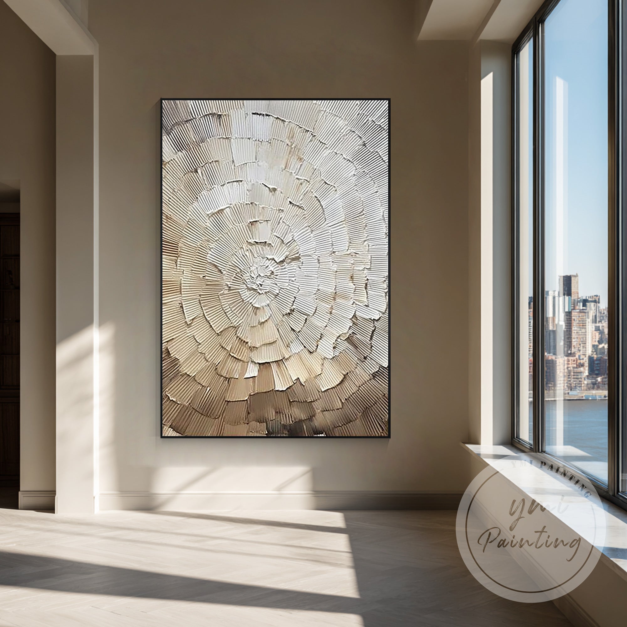 Modern neutral wall art with radial sculptural pattern