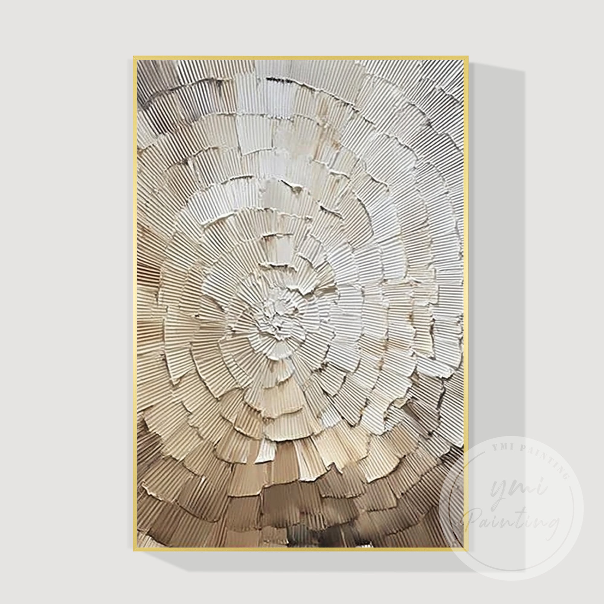 Soft beige radial circle textured wall art close-up detail