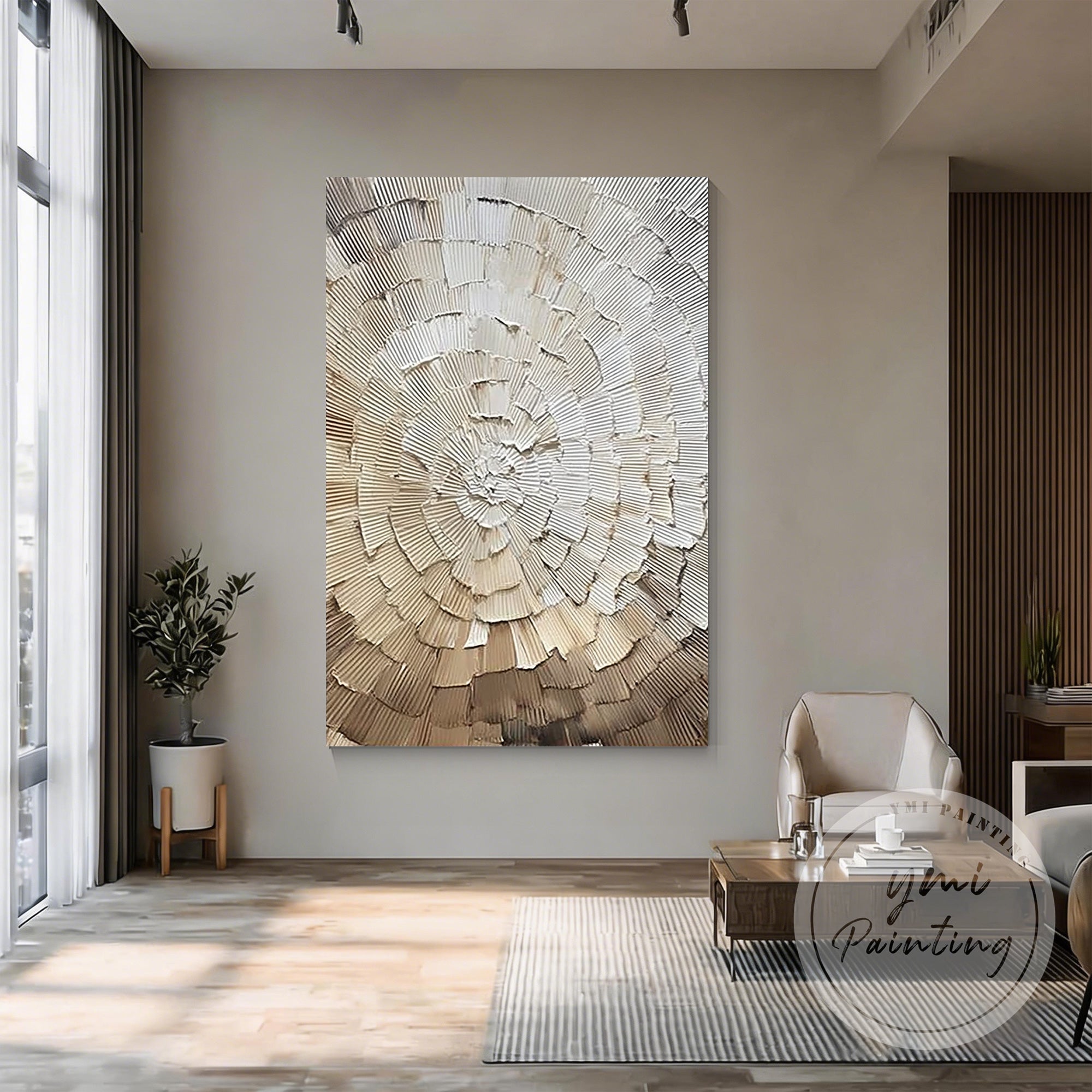 Handmade plaster relief canvas in Japandi style interior
