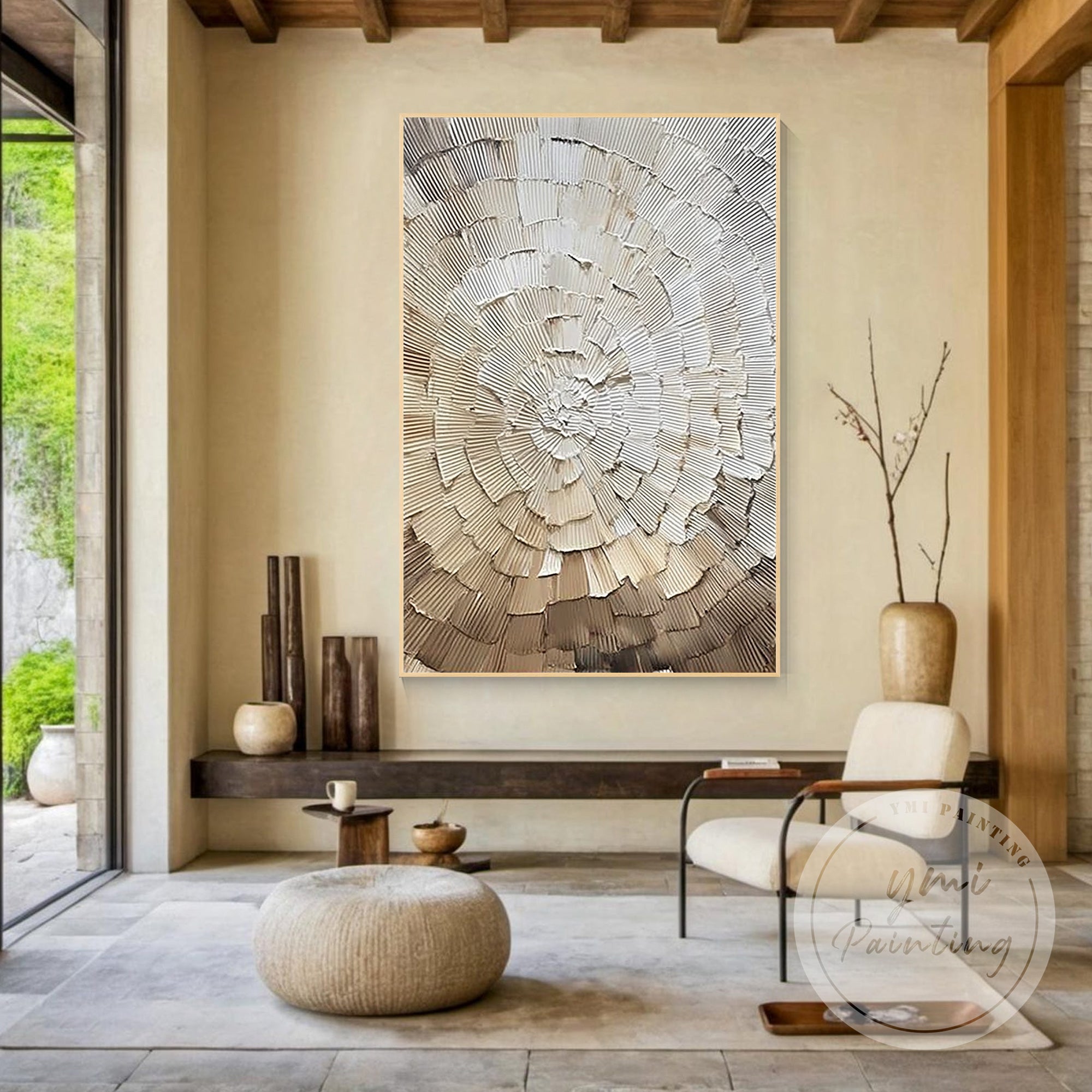 Minimalist Japandi sculptural canvas wall decor in soft tones