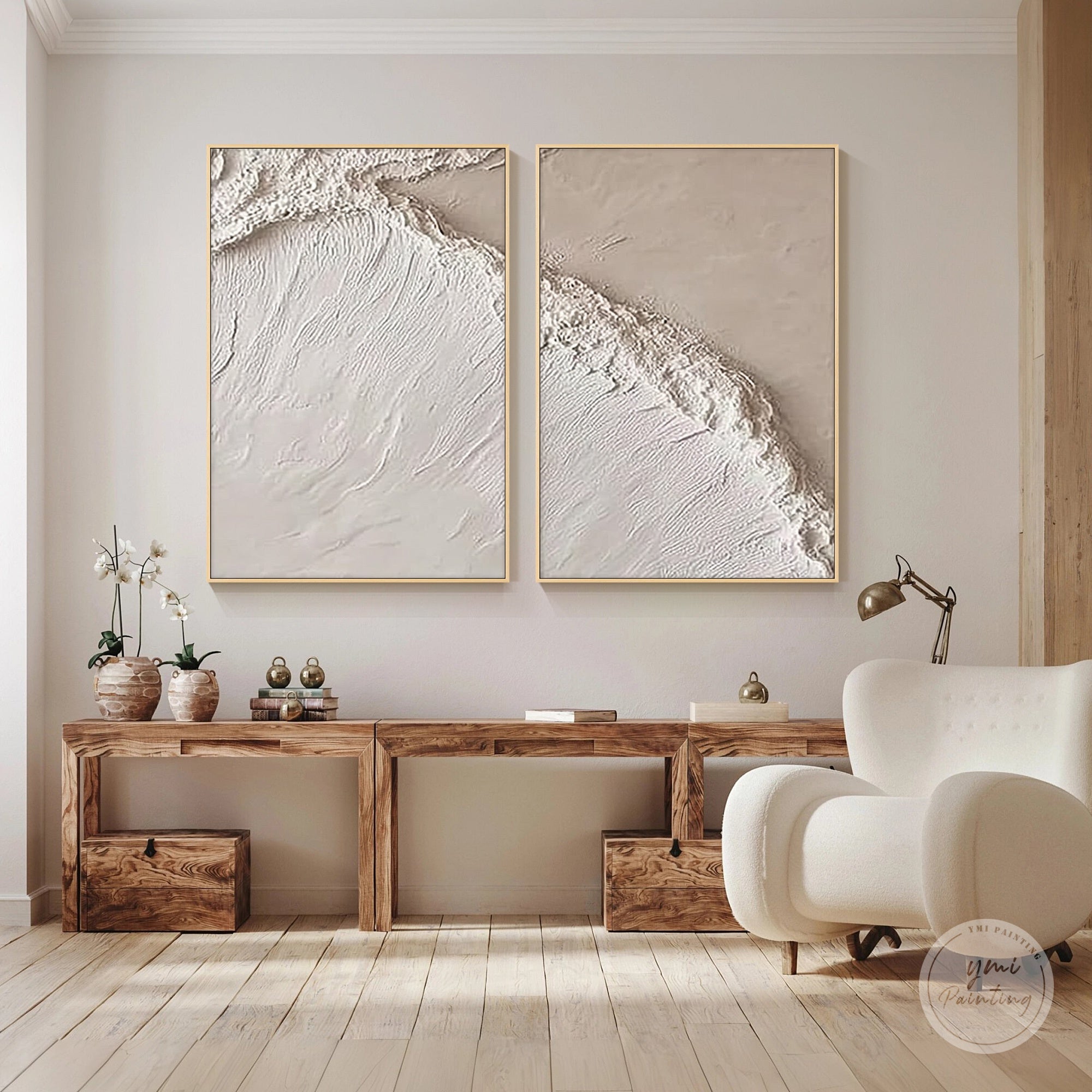 modern neutral diptych painting layered texture detail