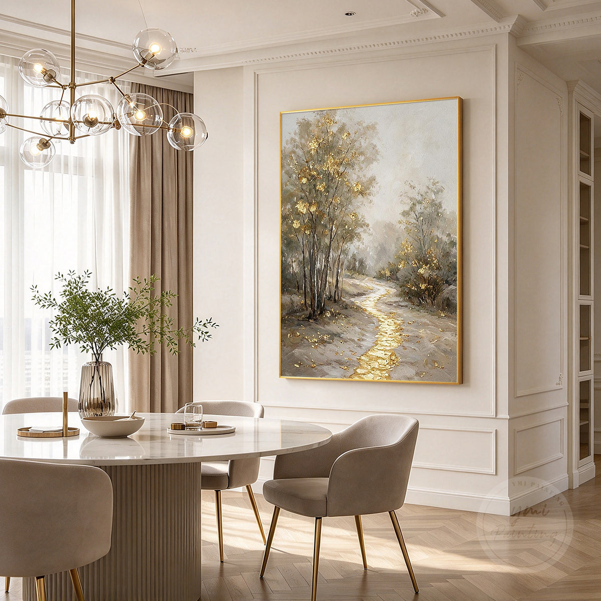 Neutral woodland landscape wall art, close-up