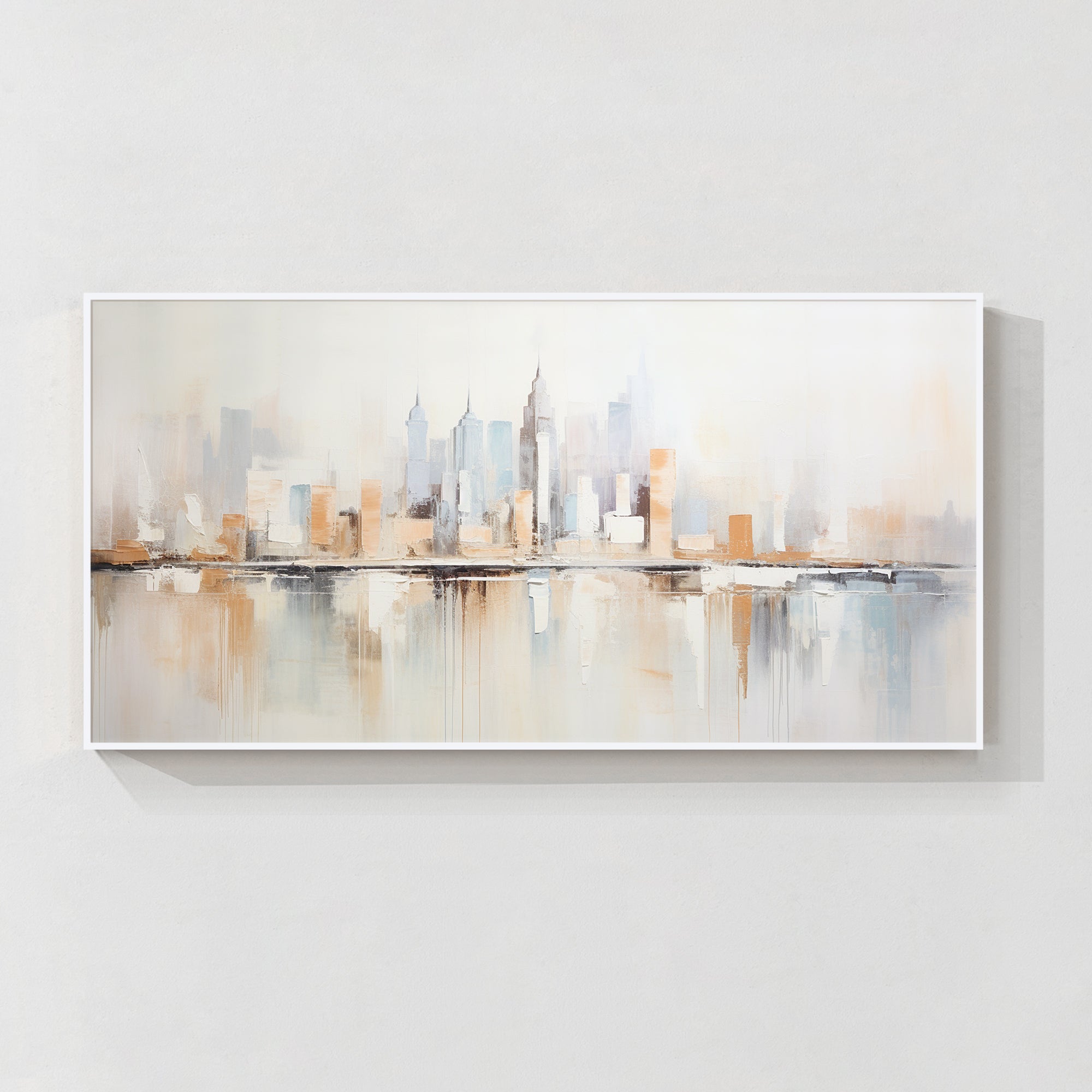 Abstract New York skyline wall art with reflection for modern living room decor