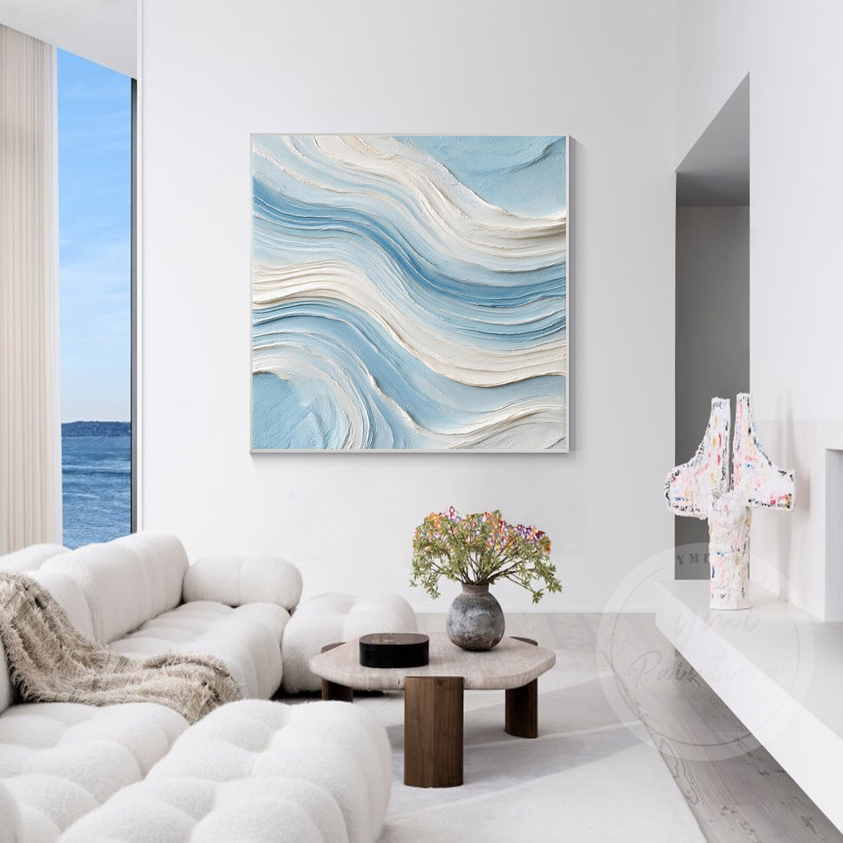 Abstract ocean wave canvas art in a modern living room