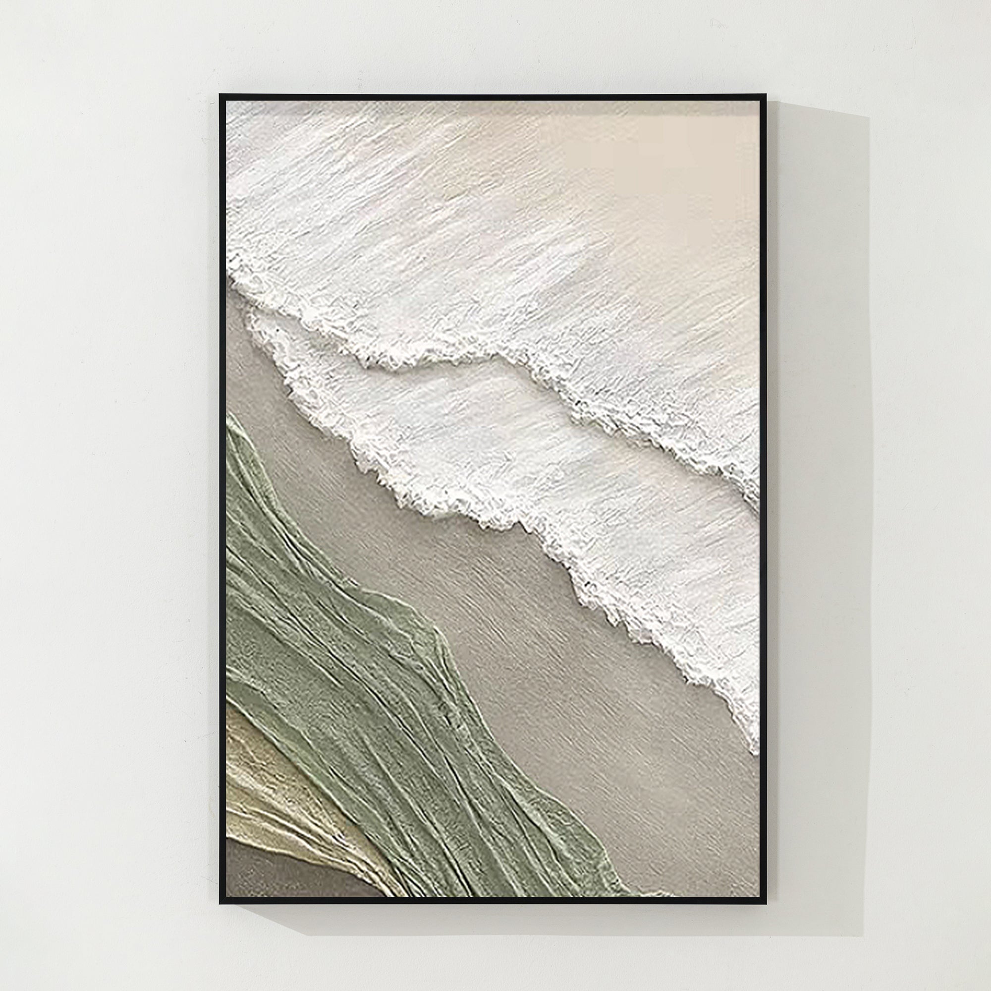 Oil painting of sea foam crashing on the shore, capturing the energy and motion in dynamic abstract form.