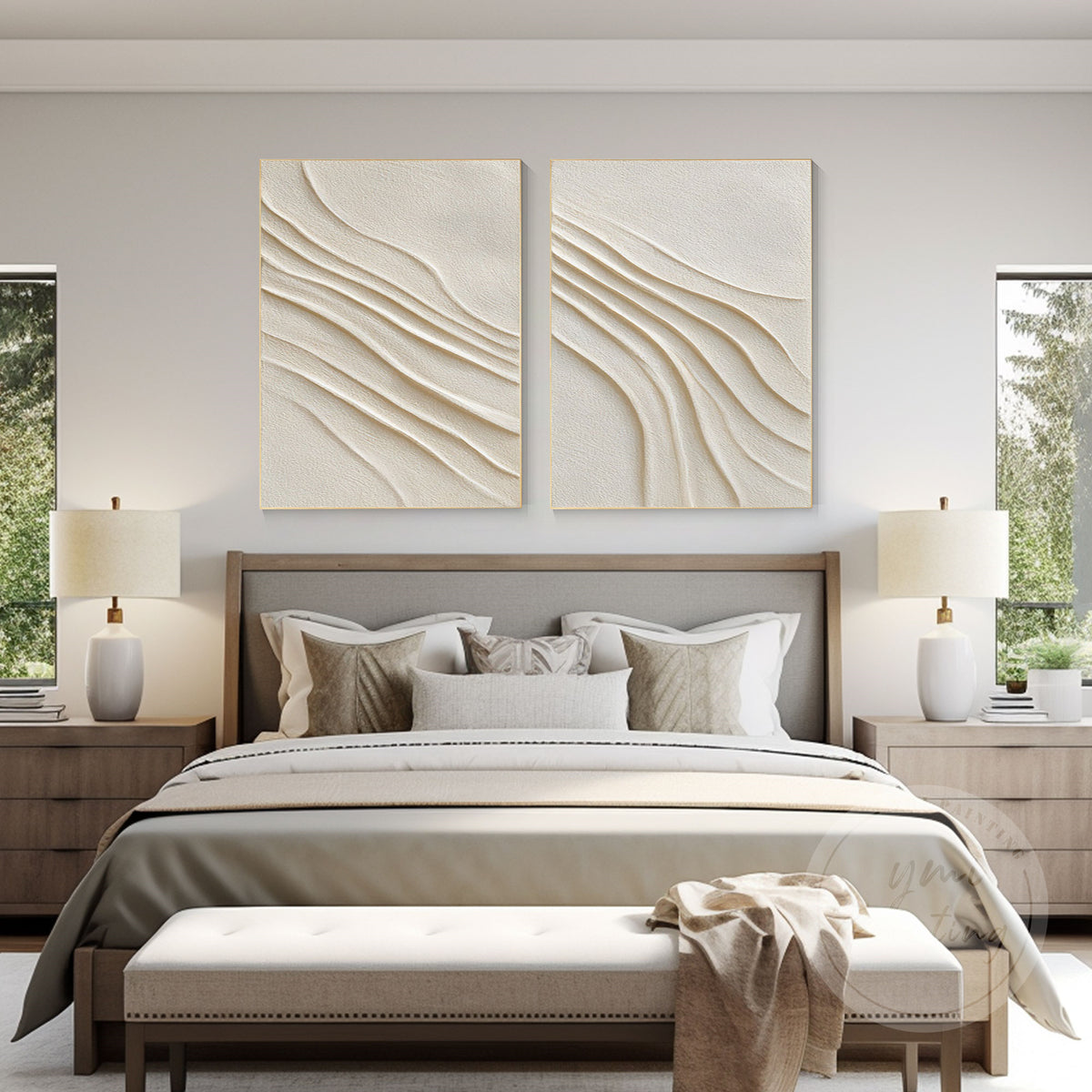Organic shape wall art with beige plaster texture canvas