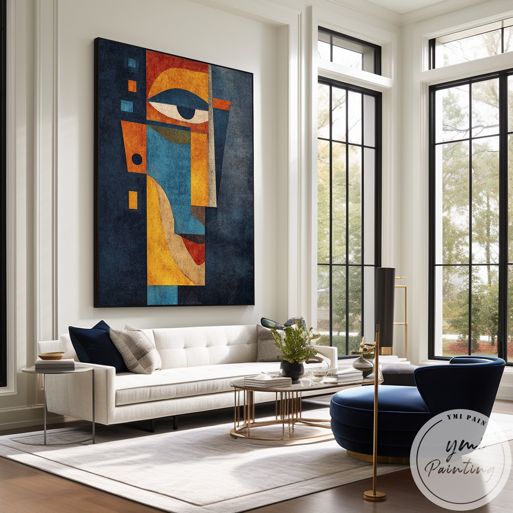 Contemporary cubist style portrait painting for home decor