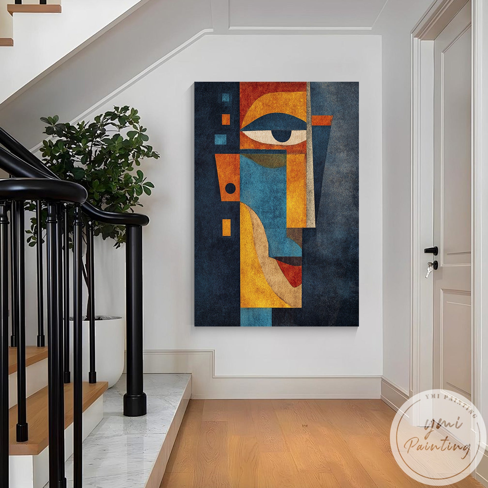Cubist inspired portrait painting for living room decoration