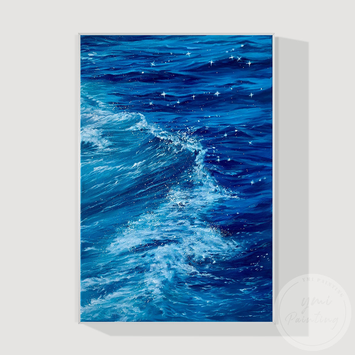 Hand painted blue wave painting for coastal home interiors