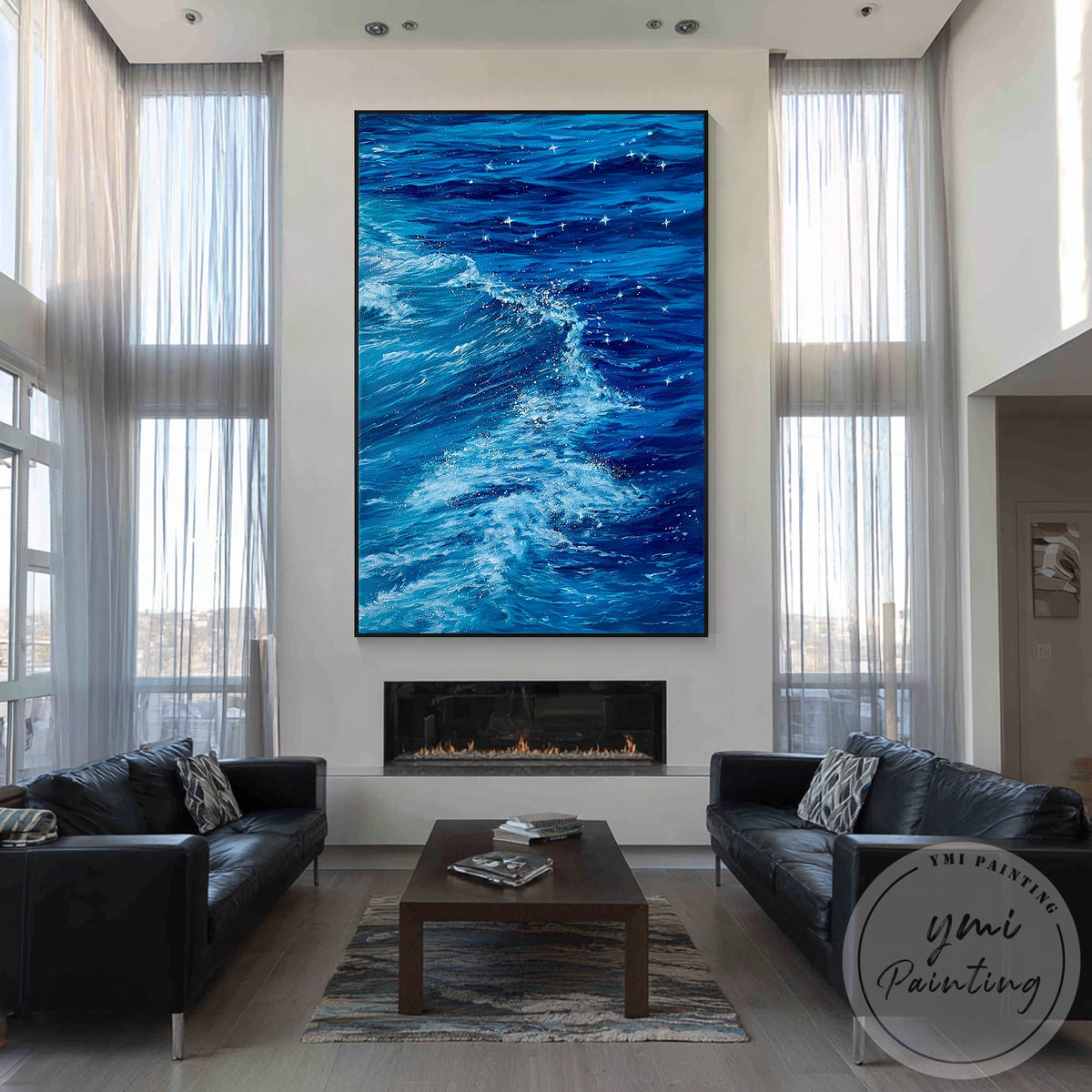 Modern coastal blue wave painting for living room decor