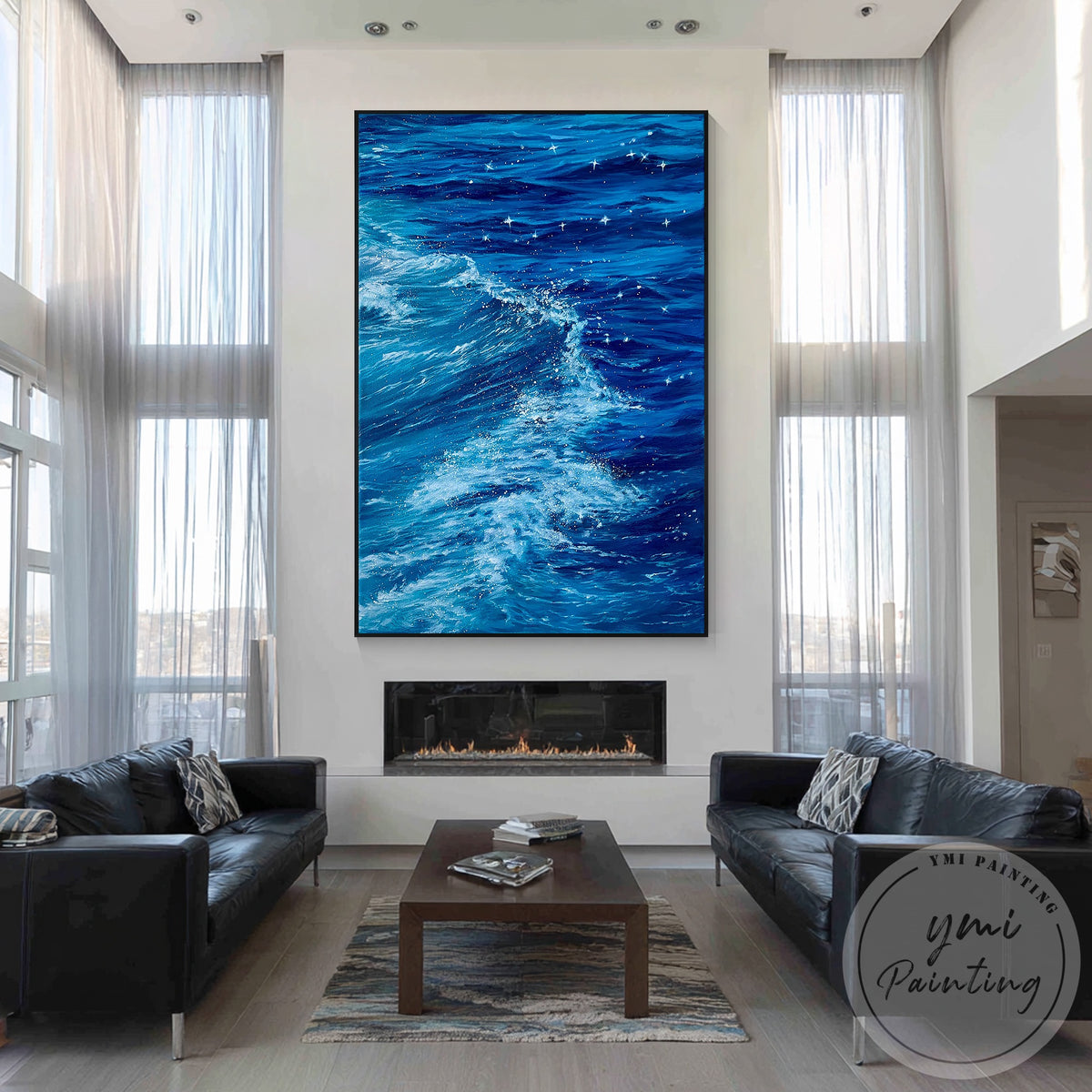 Original blue seascape oil painting on vertical canvas