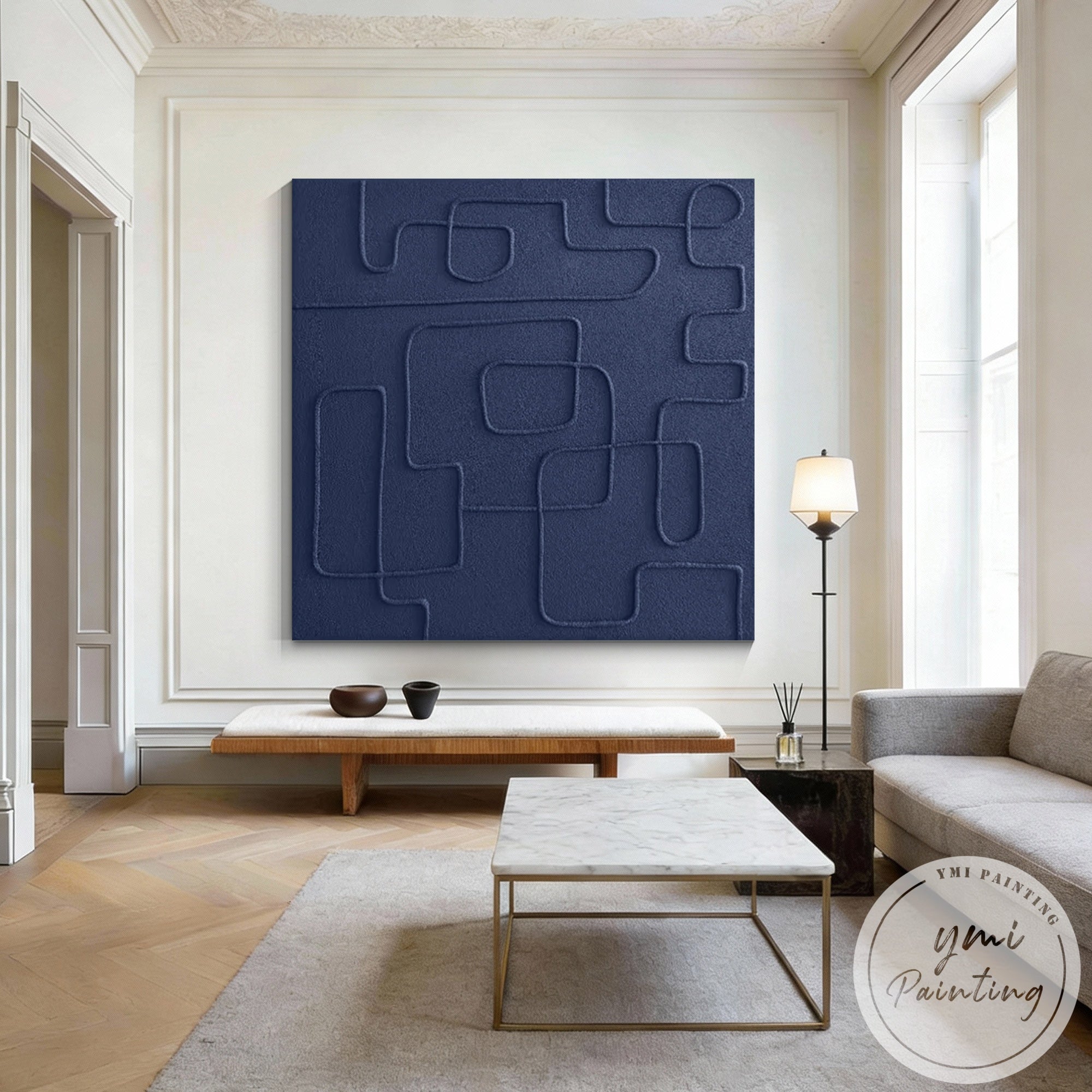 Contemporary navy blue abstract painting with 3D textured surface