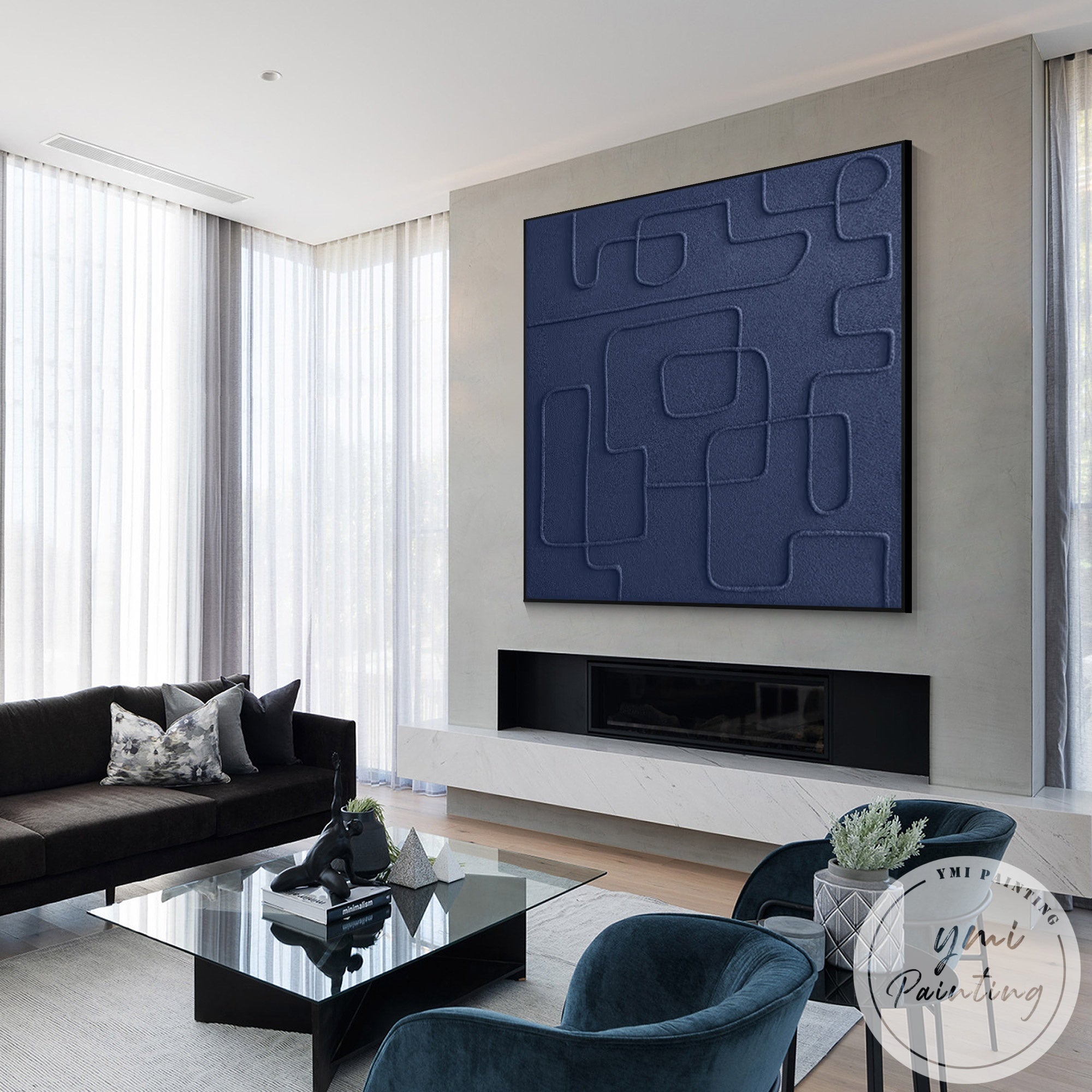 Square framed modern abstract wall art in deep blue tones