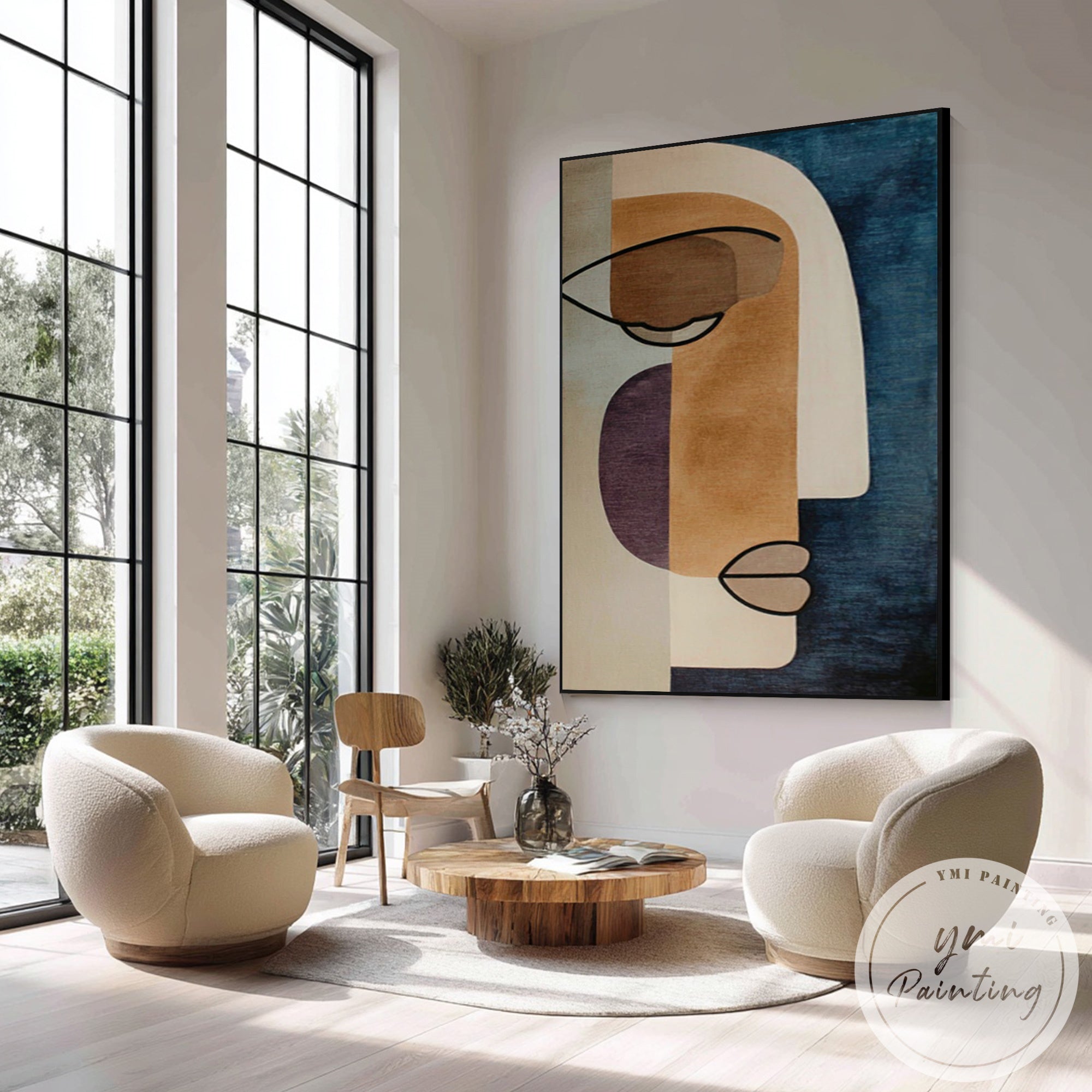 Geometric minimalist face painting on large canvas wall art