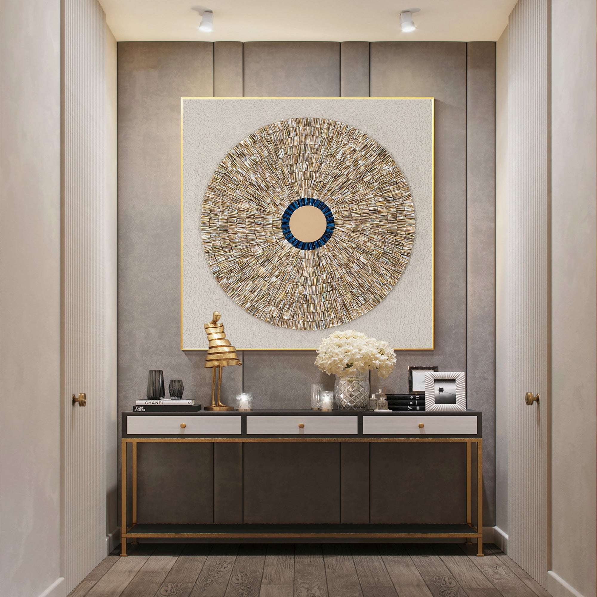 Handcrafted circular artwork made from oyster shells, creating a sunburst design with earthy tones.