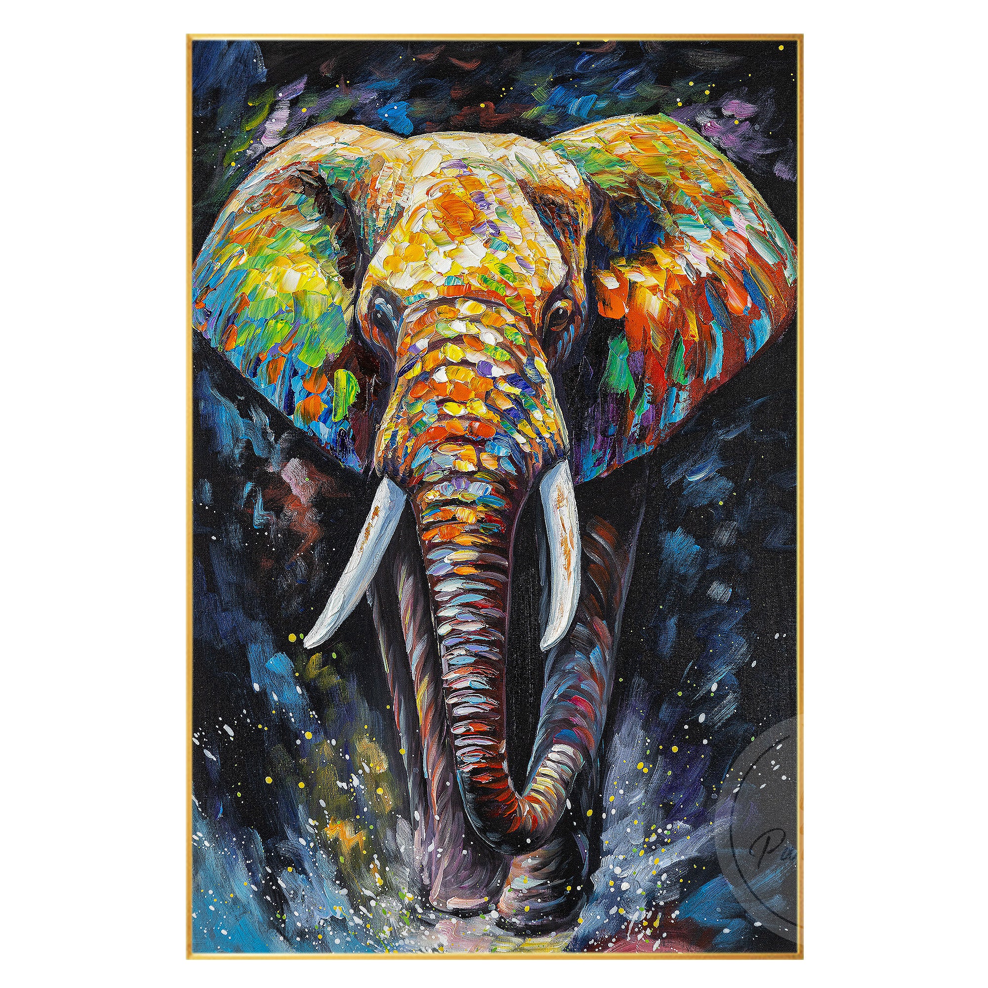 Elephant’s quiet strength captured in hand-painted art with soft glowing colors against a deep blue backdrop.