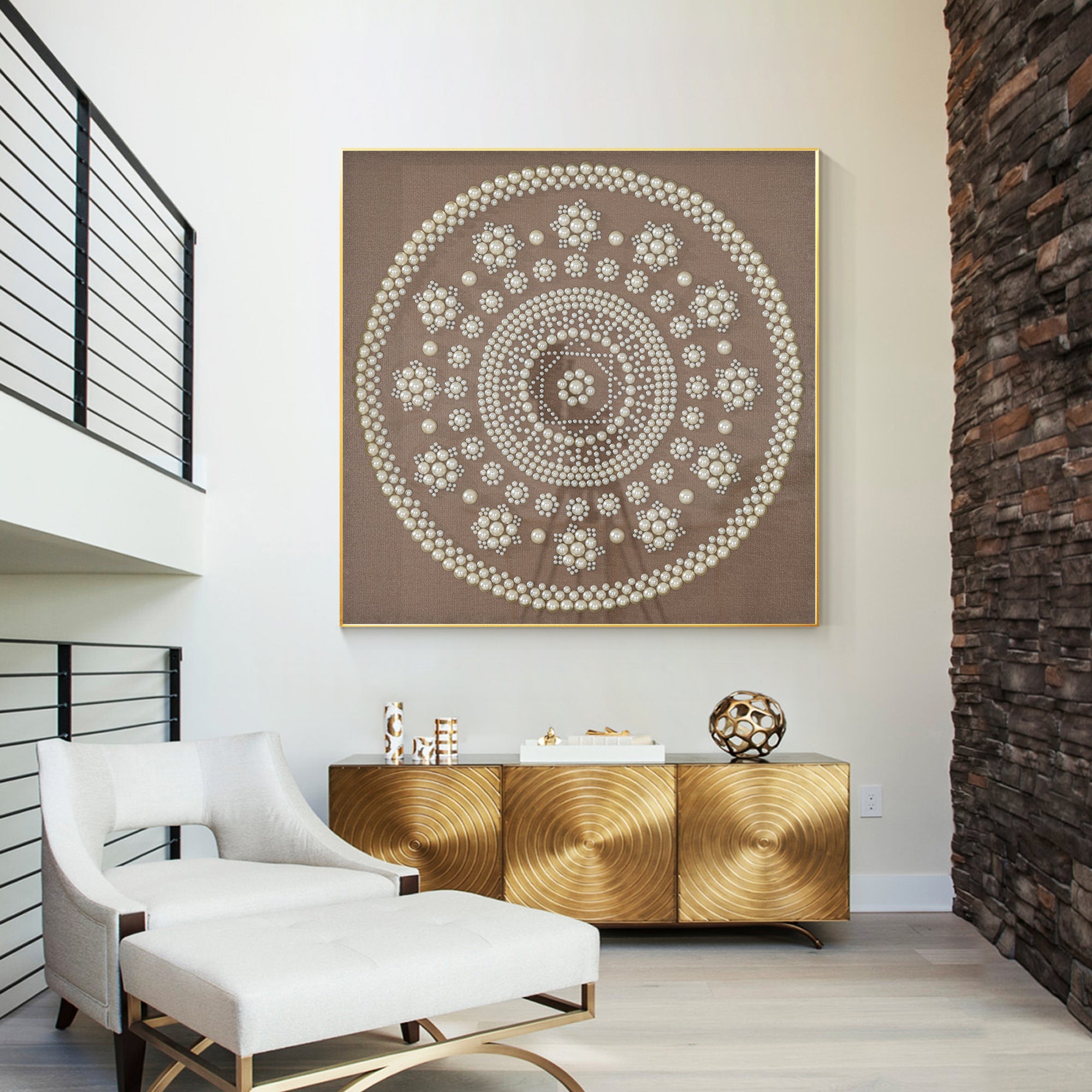 Minimalist mandala artwork featuring intricate white pearls on a soft brown background.