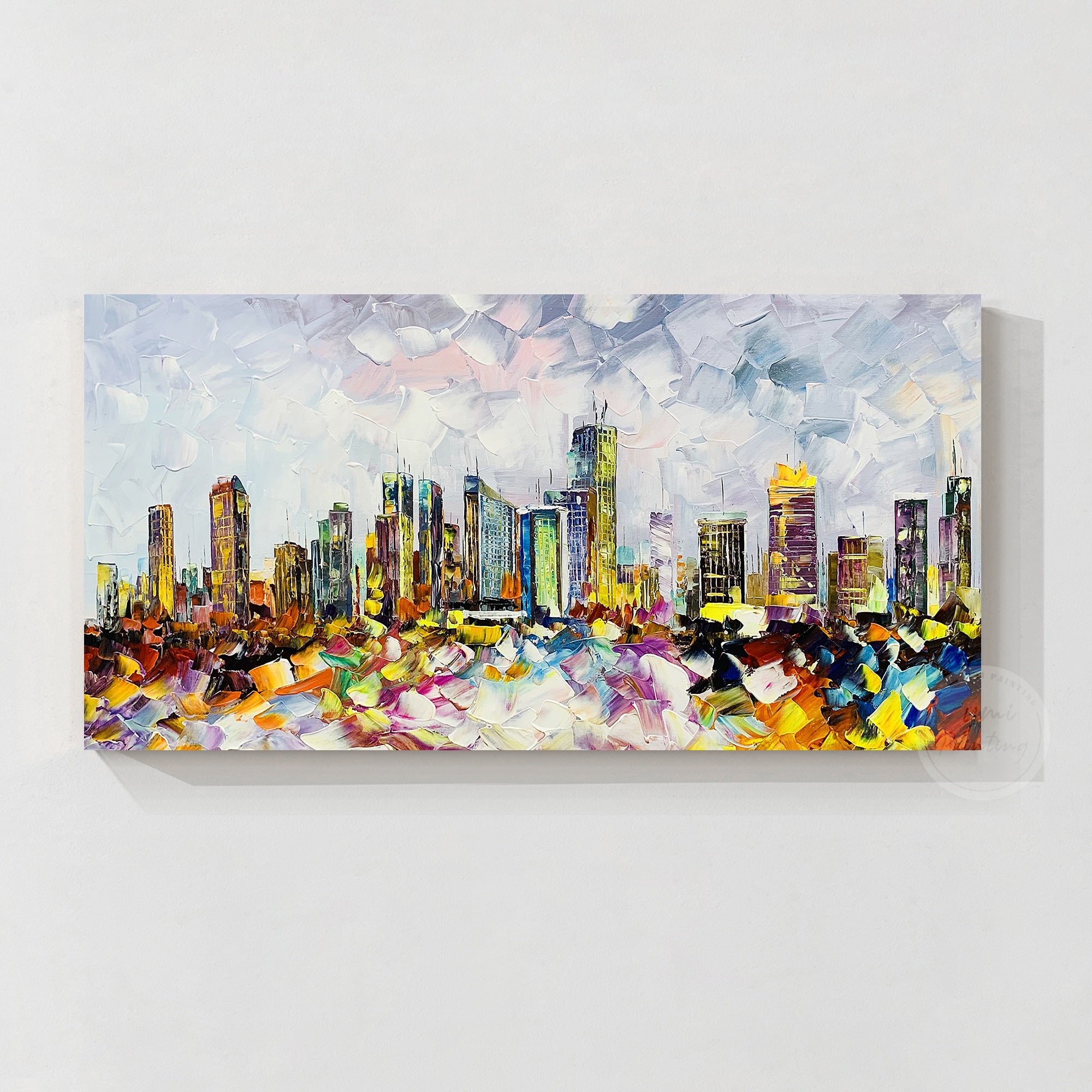 Handmade Philadelphia cityscape canvas art featuring acrylic texture and expressive palette knife technique