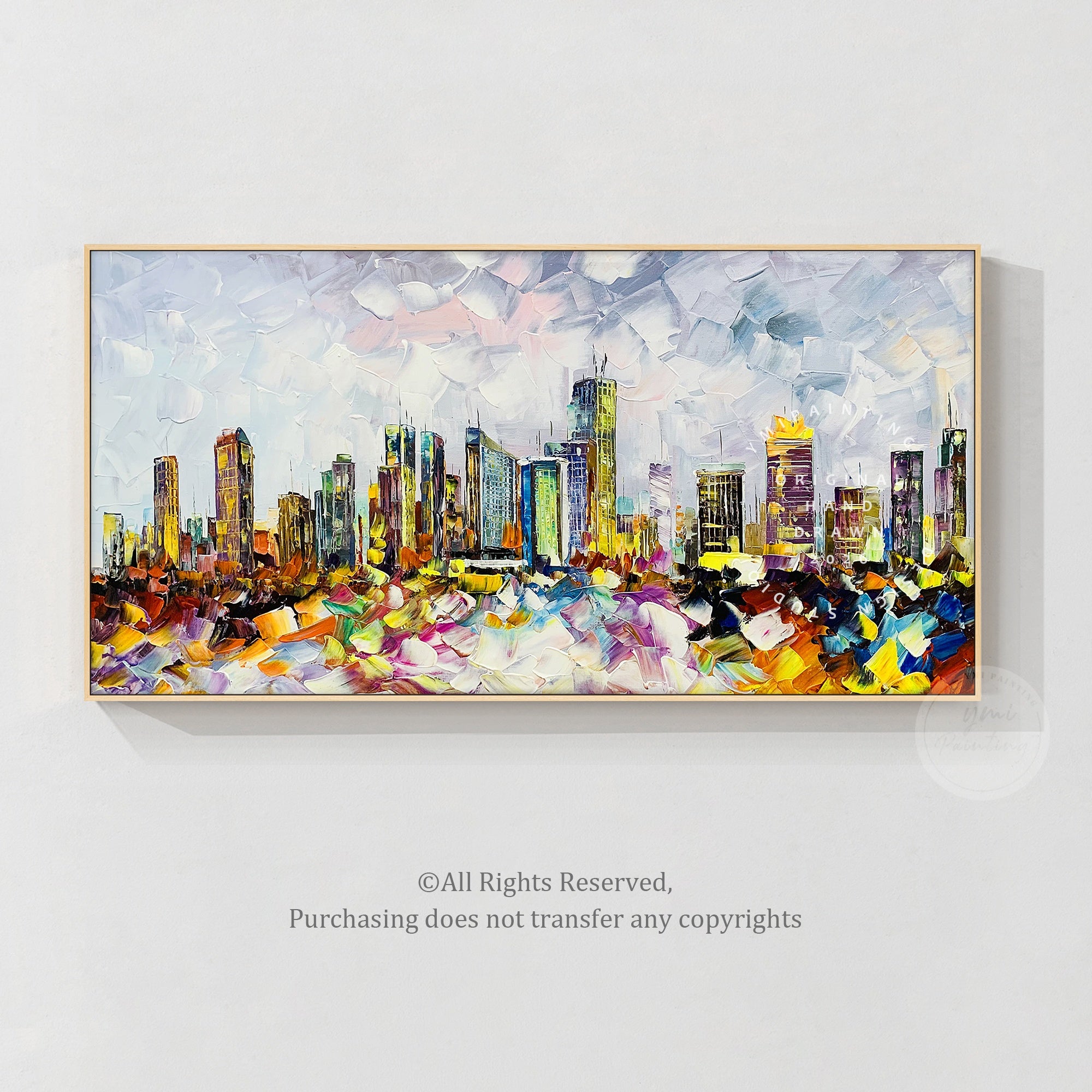 Handmade Philadelphia skyline artwork with dynamic palette knife strokes and modern interior decoration style