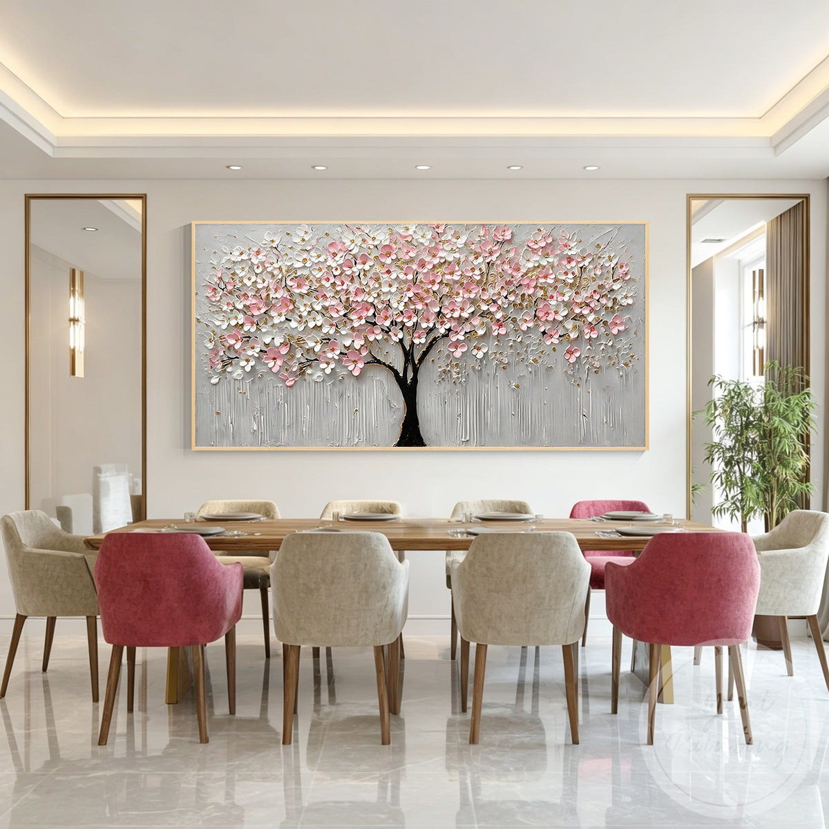 Tree of life wall art featuring pink blossoms and natural tree branches