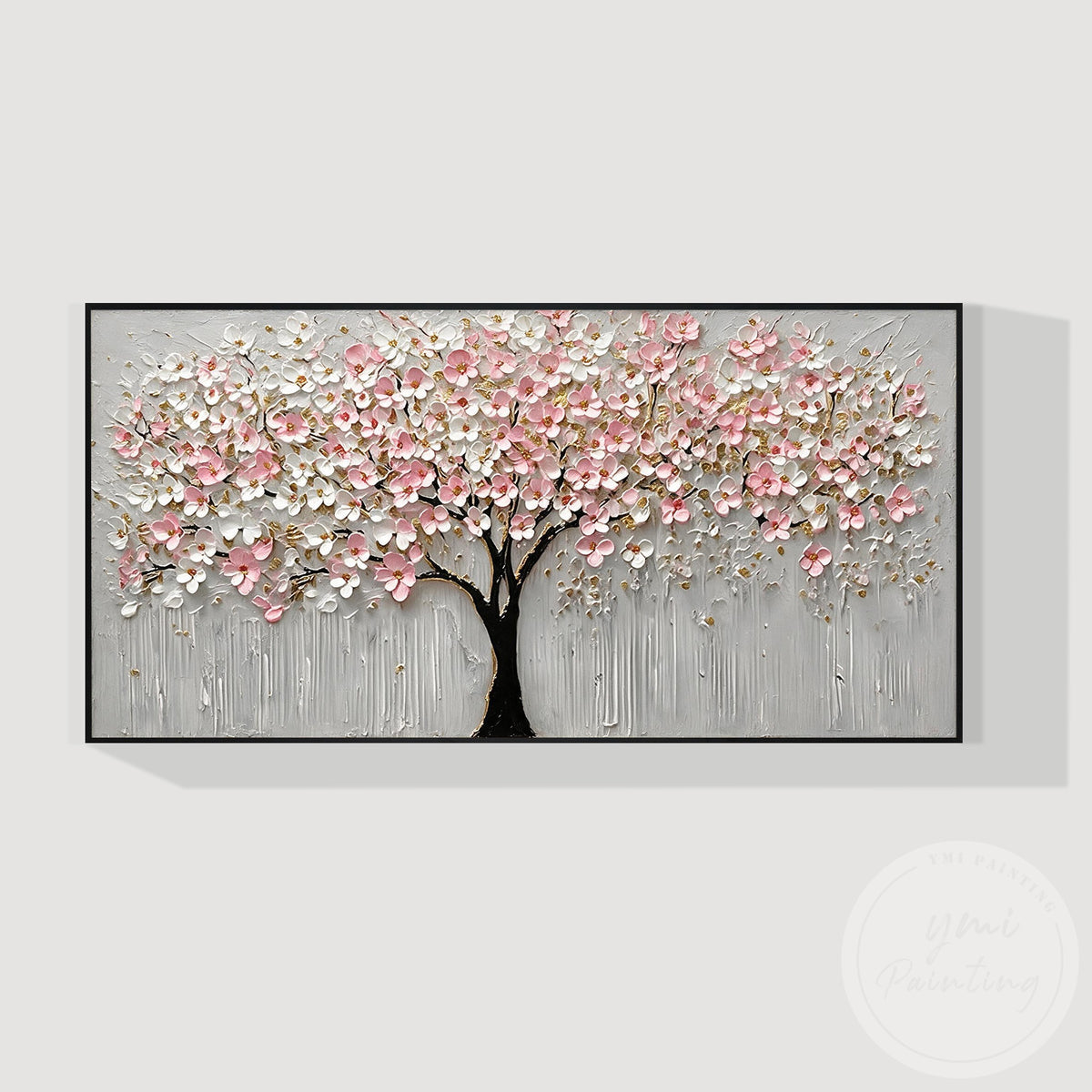 Modern botanical wall art with a pink flowering tree on canvas