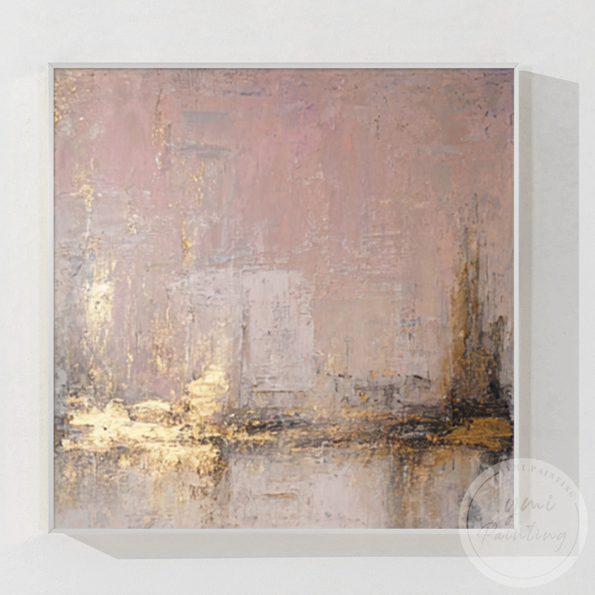 Close-up of raised texture on a dusty rose taupe and gold abstract painting