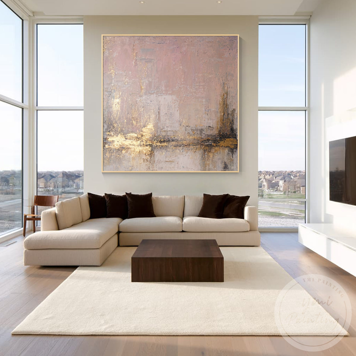 Dusty rose taupe and gold textured abstract canvas painting