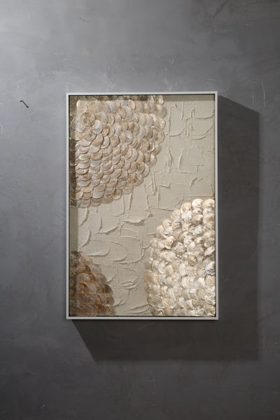 Coastal Capiz shell artwork in creamy beige and gold, three-dimensional shadowbox with acrylic protection.