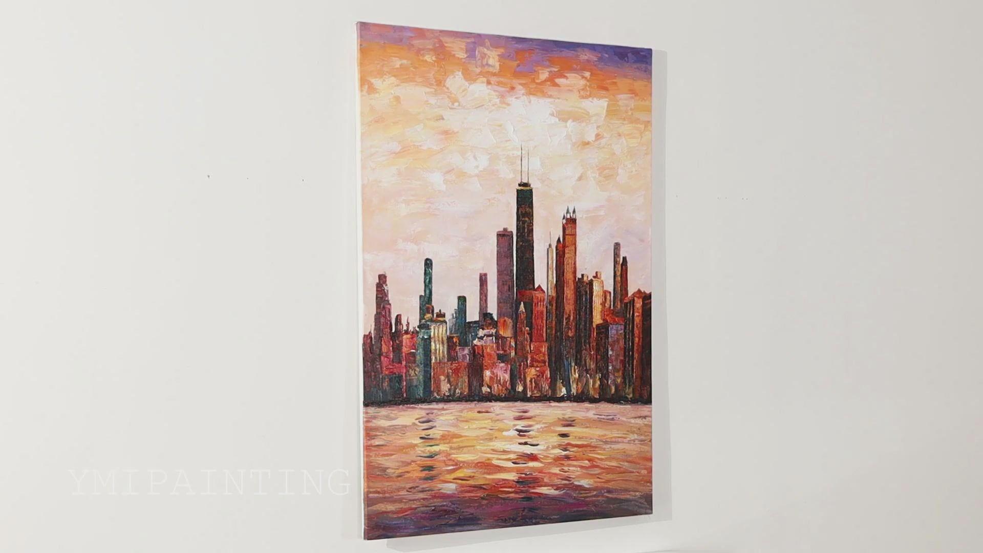 Handmade Chicago city art, featuring a textured cityscape painting that captures the spirit of the Windy City.