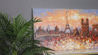 Textured Paris skyline oil painting, featuring the Eiffel Tower and a vibrant cityscape on canvas.