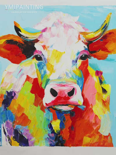 Colorful cow pop art painting with expressive brushstrokes and playful colors for modern home wall decor